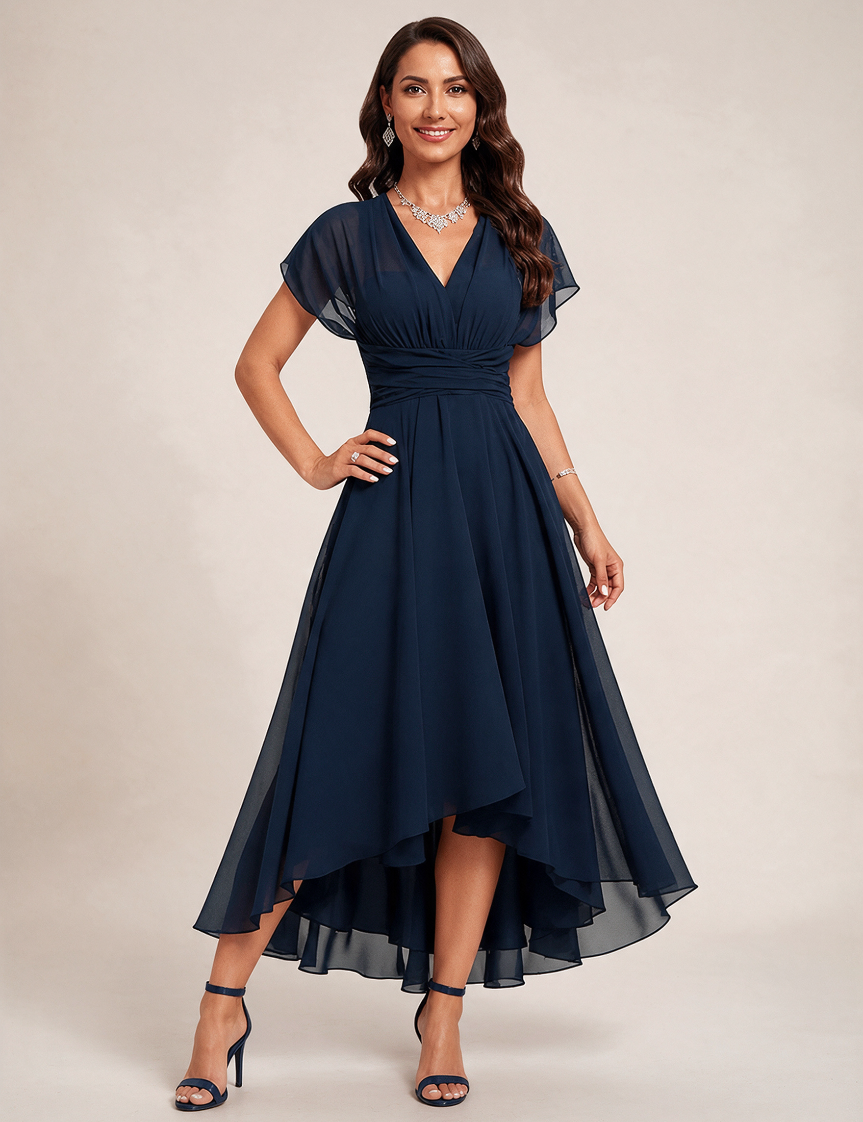 Modelo feminina a usar o vestido em fundo bege