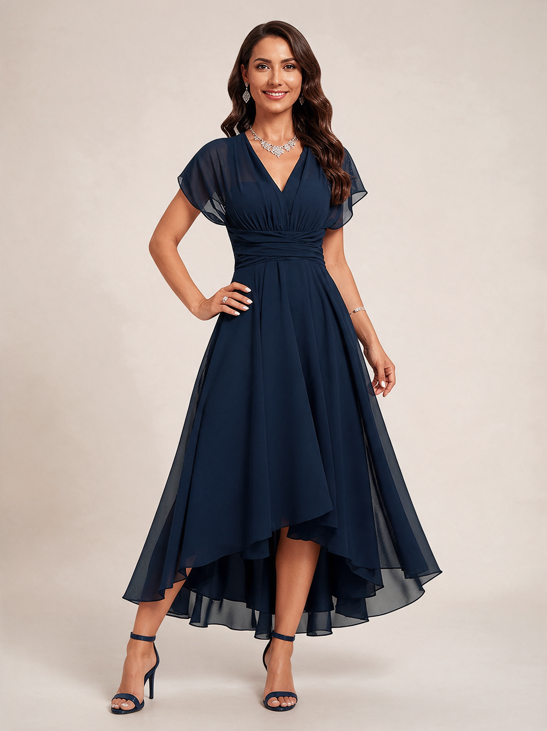 Modelo feminina a usar o vestido em fundo bege