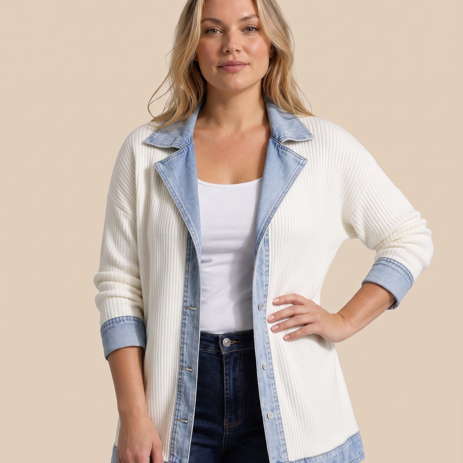 Yvonne – Zweifarbige Jacke an Model vor warmem beigem Studiohintergrund