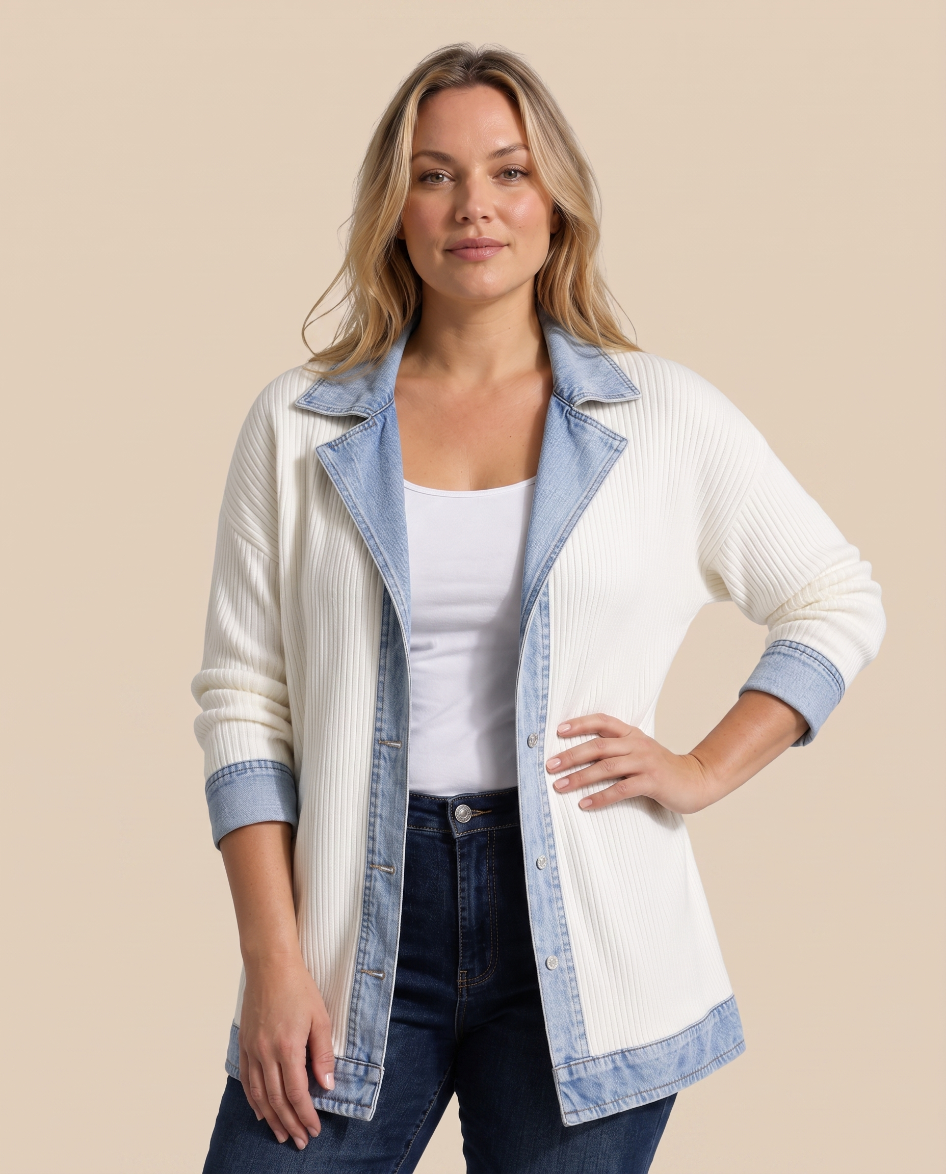 Yvonne – Zweifarbige Jacke an Model vor warmem beigem Studiohintergrund