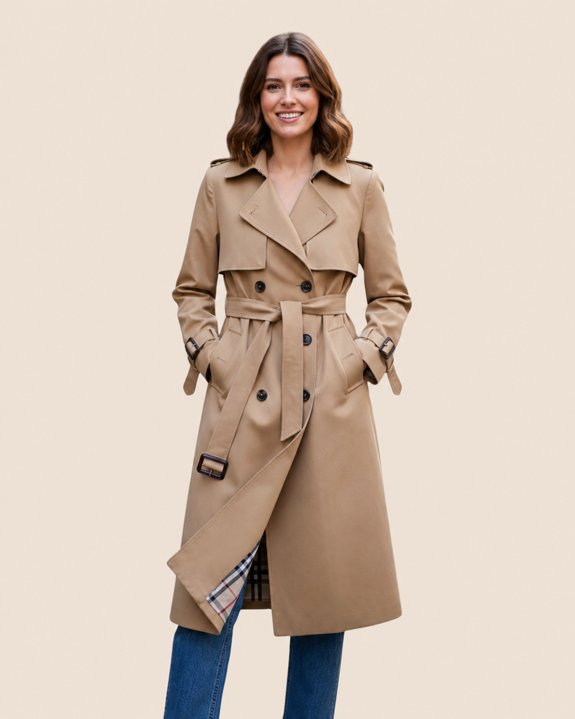 Jakarta – Klassischer Trenchcoat auf Model vor beigem Studiohintergrund