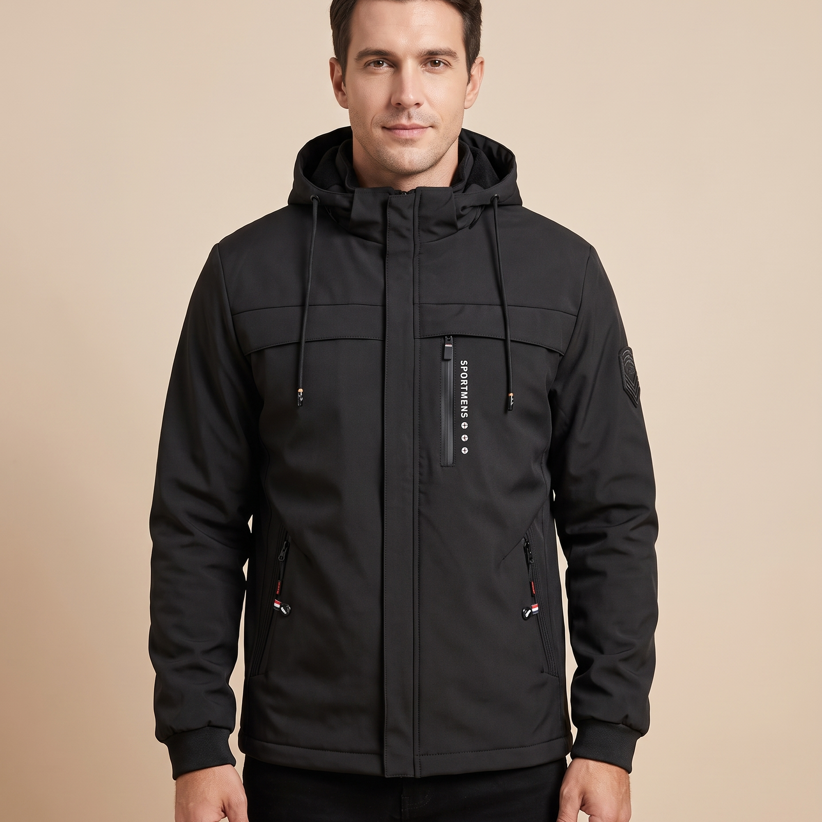 Herrenjacke Block 4 1 – männliches Model – beige Hintergrund