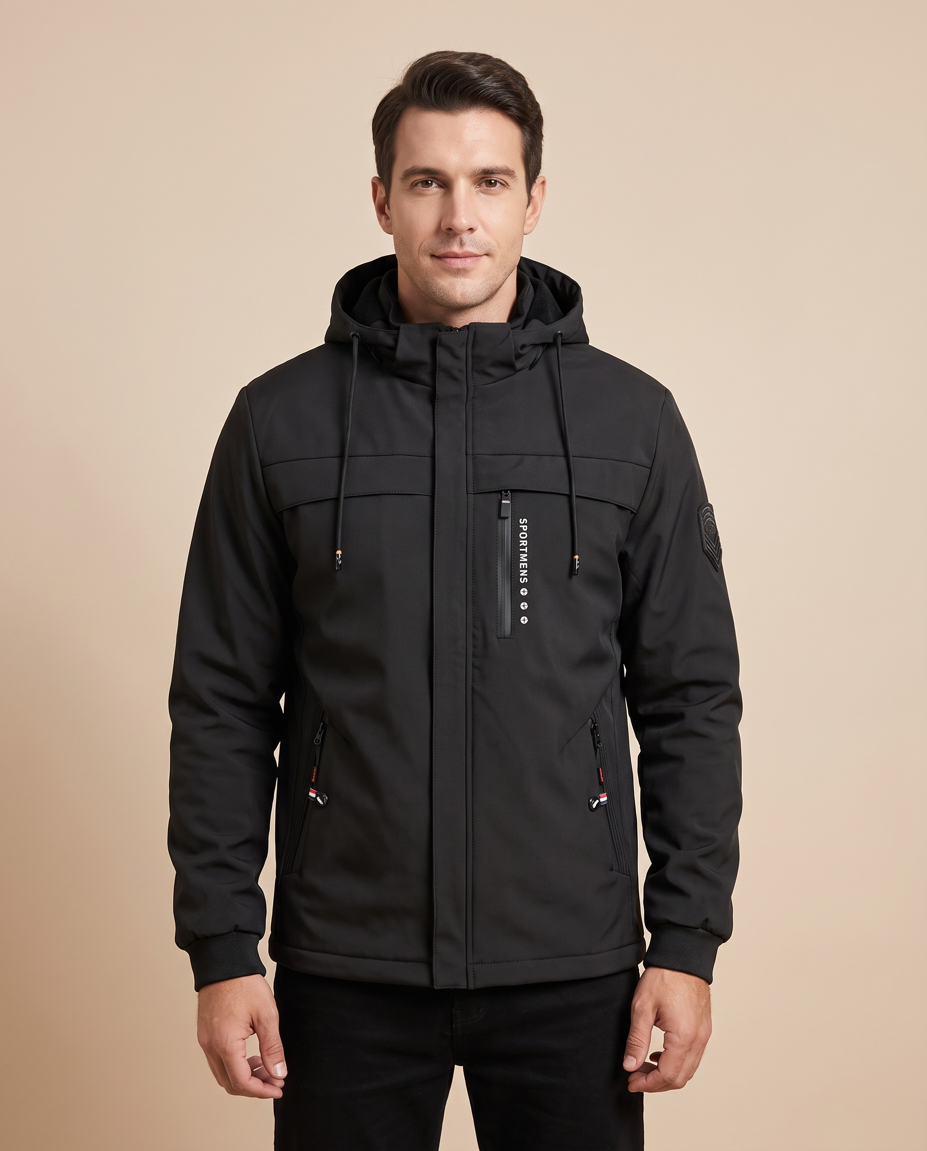 Herrenjacke Block 4 1 – männliches Model – beige Hintergrund