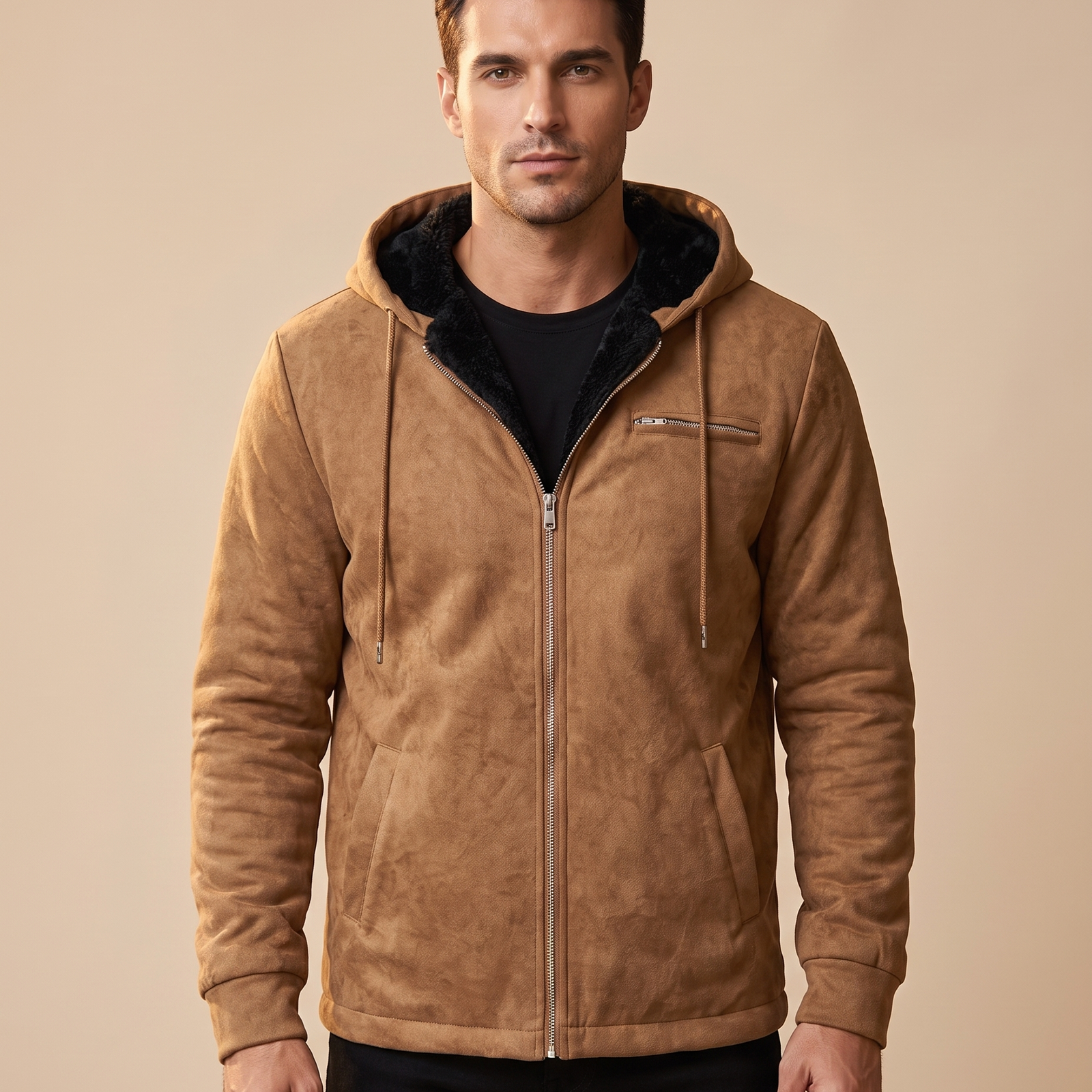 Herrenjacke Block 4 3 – männliches Model – beige Hintergrund