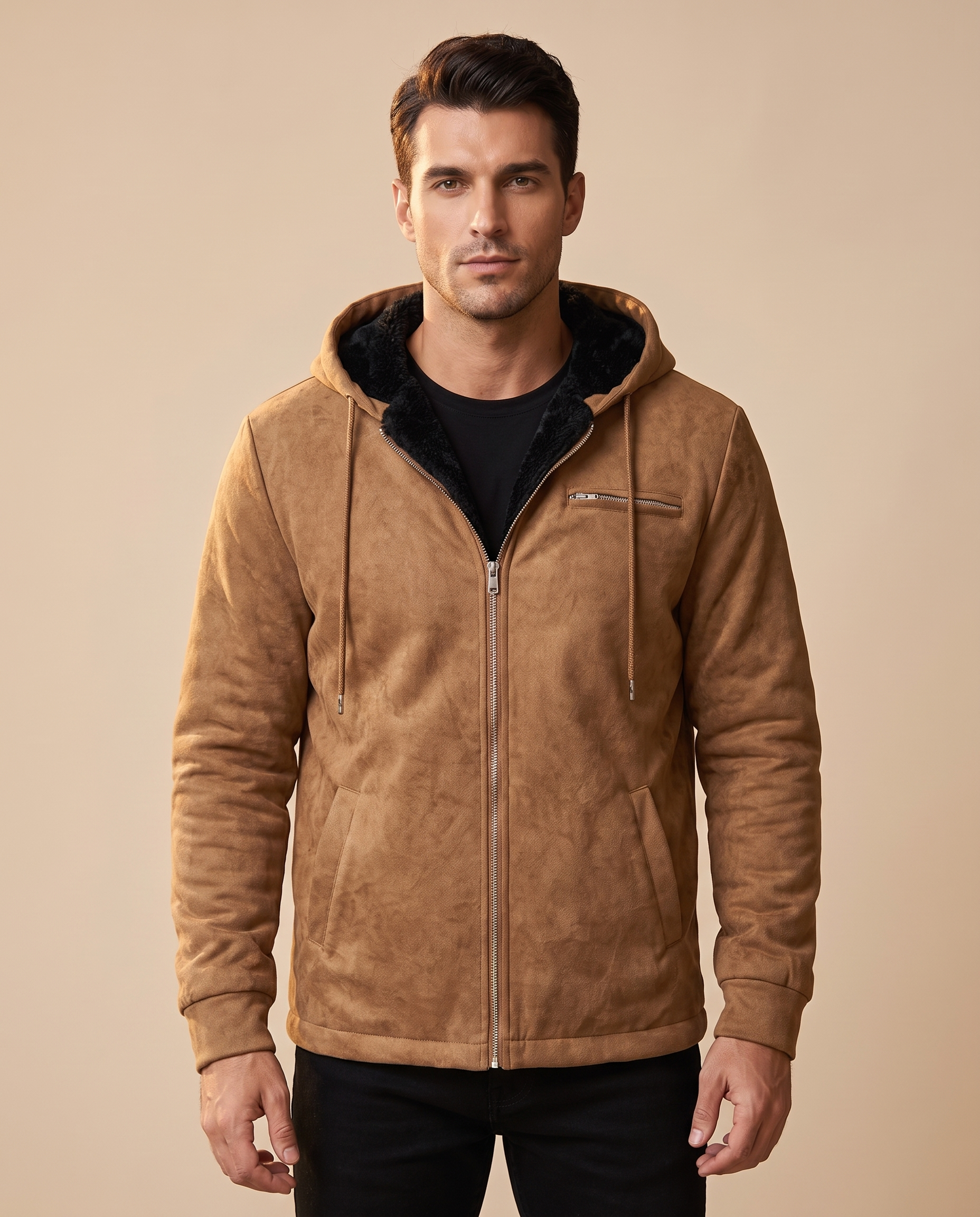 Herrenjacke Block 4 3 – männliches Model – beige Hintergrund
