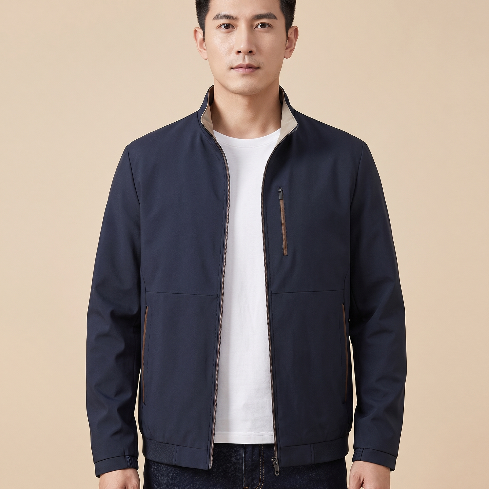 Herrenjacke Block 4 7 – männliches Model – beige Hintergrund