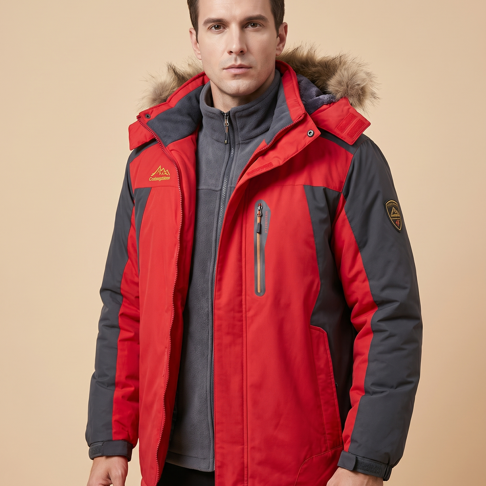 Herrenjacke Block 4 11 – männliches Model – beige Hintergrund