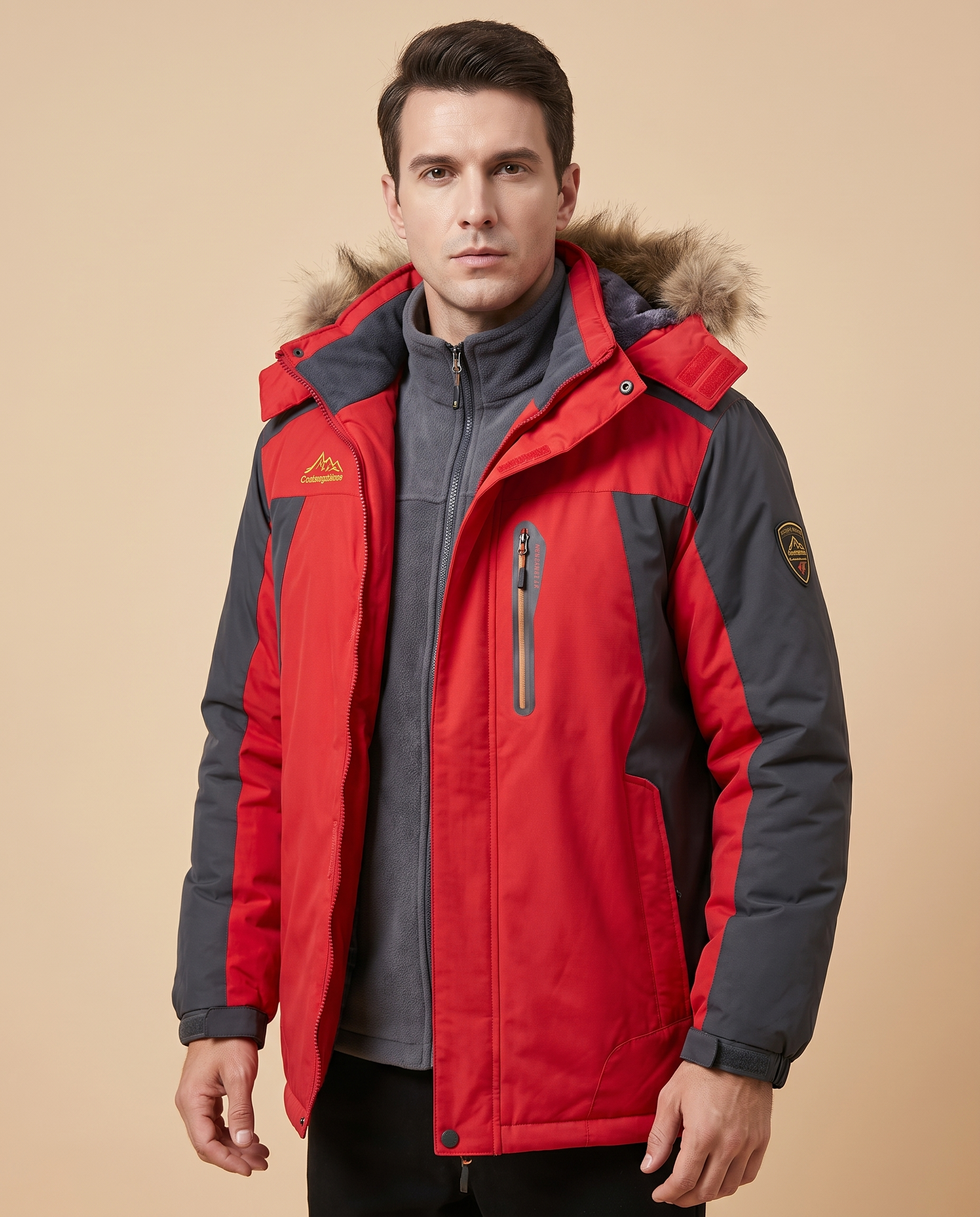 Herrenjacke Block 4 11 – männliches Model – beige Hintergrund