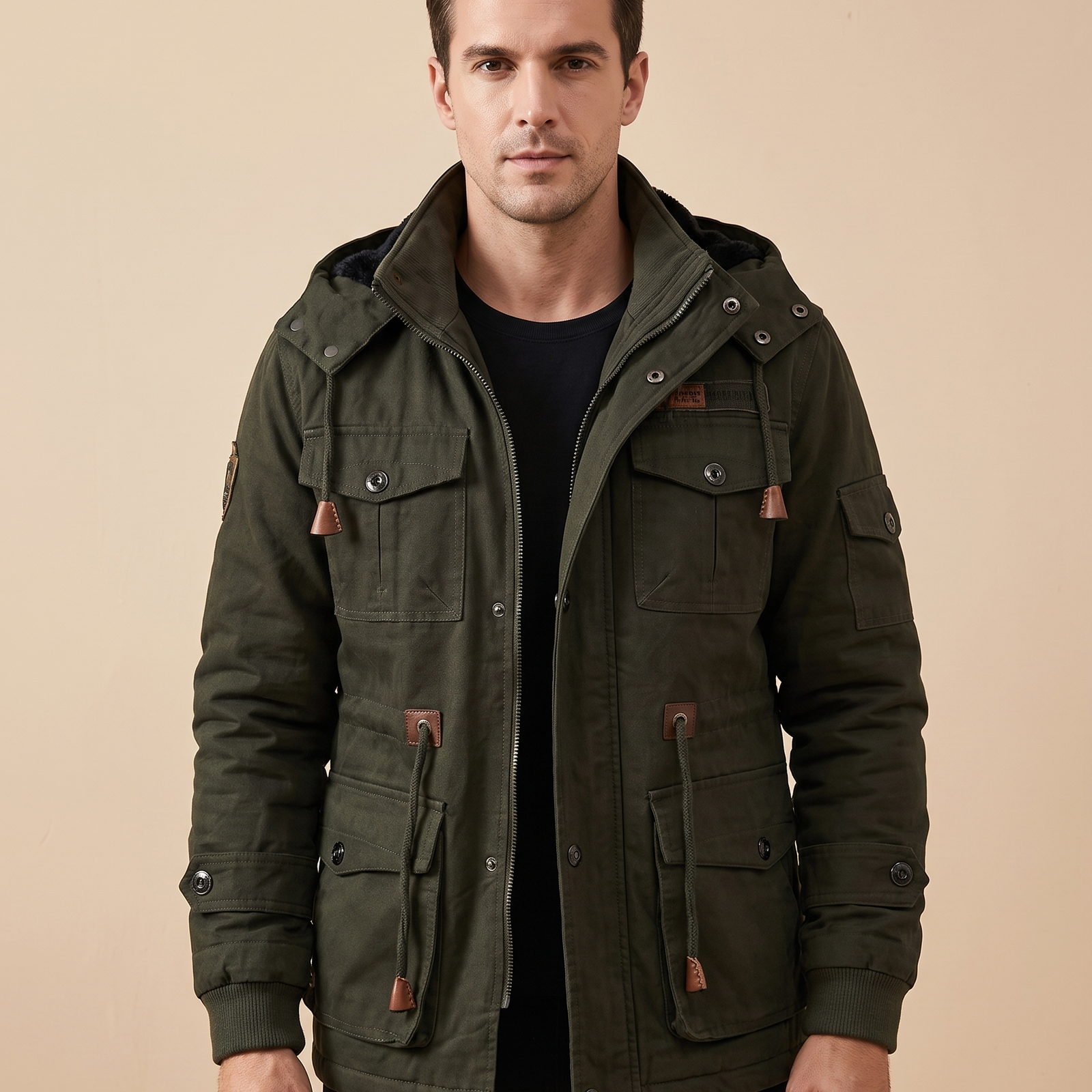 Herrenjacke Block 4 12 – männliches Model – beige Hintergrund