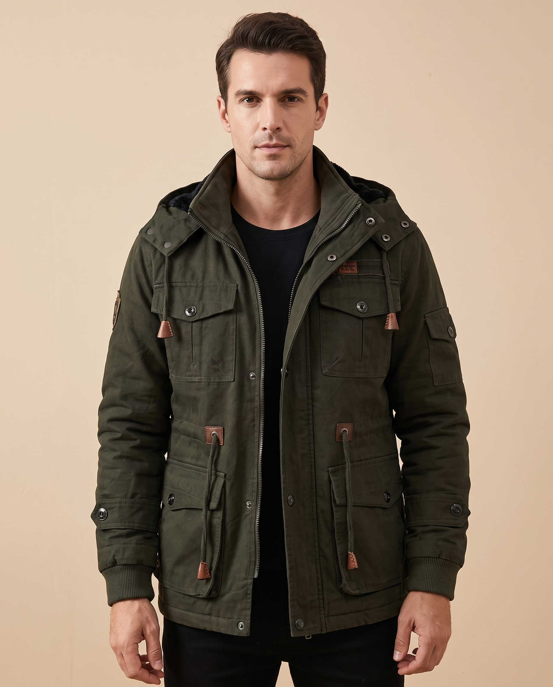 Herrenjacke Block 4 12 – männliches Model – beige Hintergrund