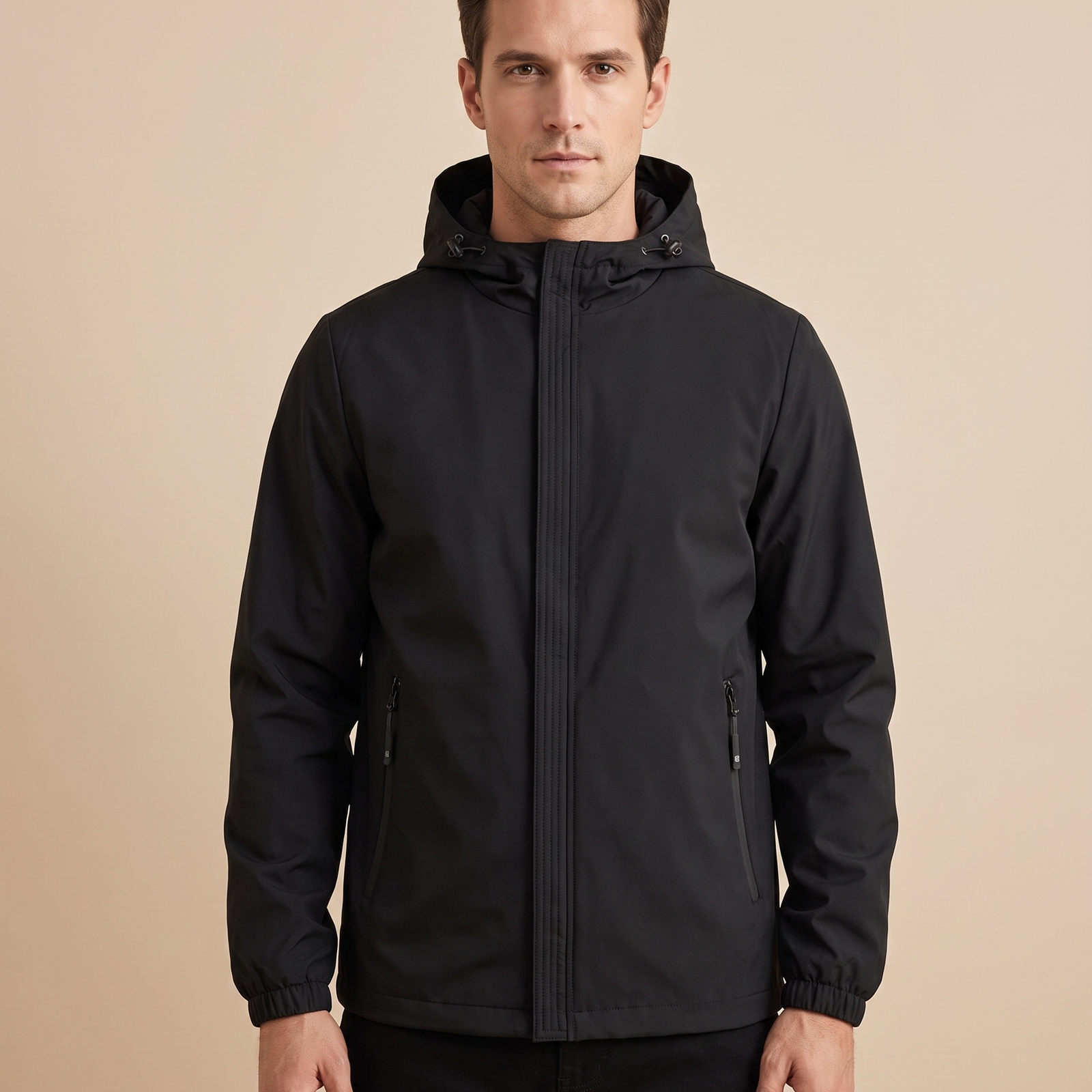 Herrenjacke Block 4 13 – männliches Model – beige Hintergrund