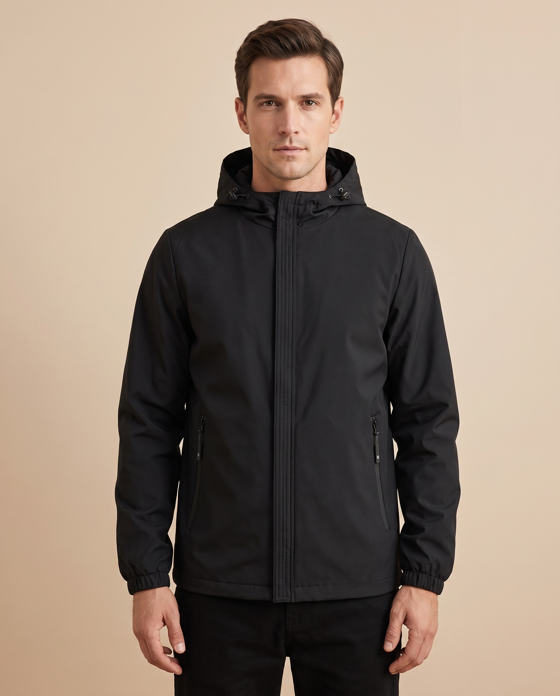 Herrenjacke Block 4 13 – männliches Model – beige Hintergrund