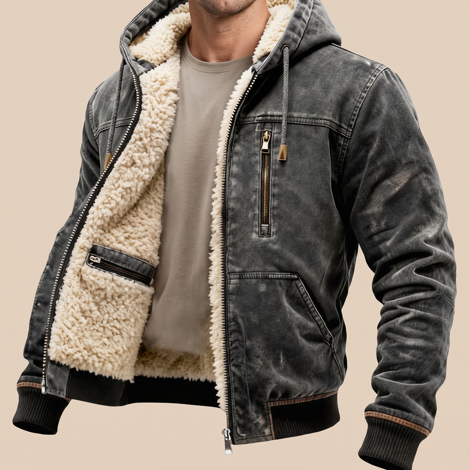 Herrenjacke Block 4 15 – männliches Model – beige Hintergrund
