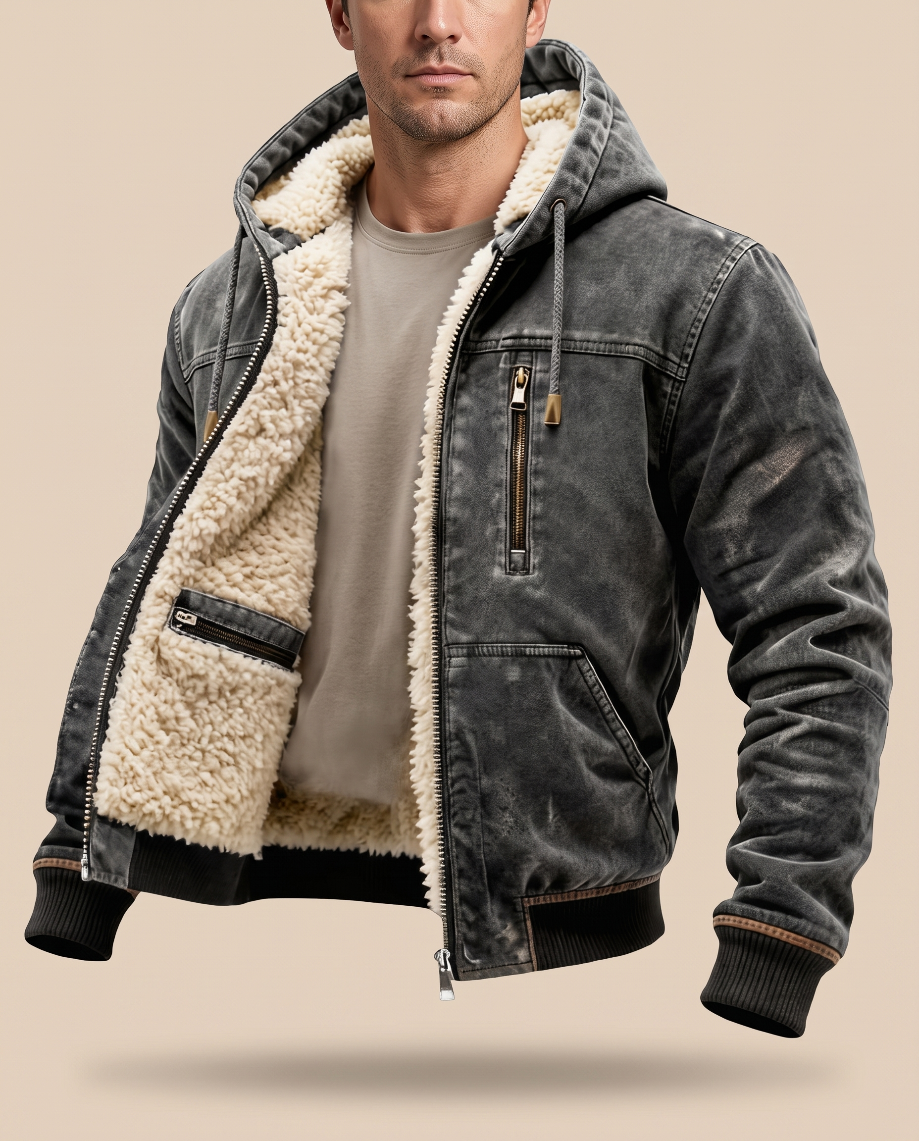 Herrenjacke Block 4 15 – männliches Model – beige Hintergrund