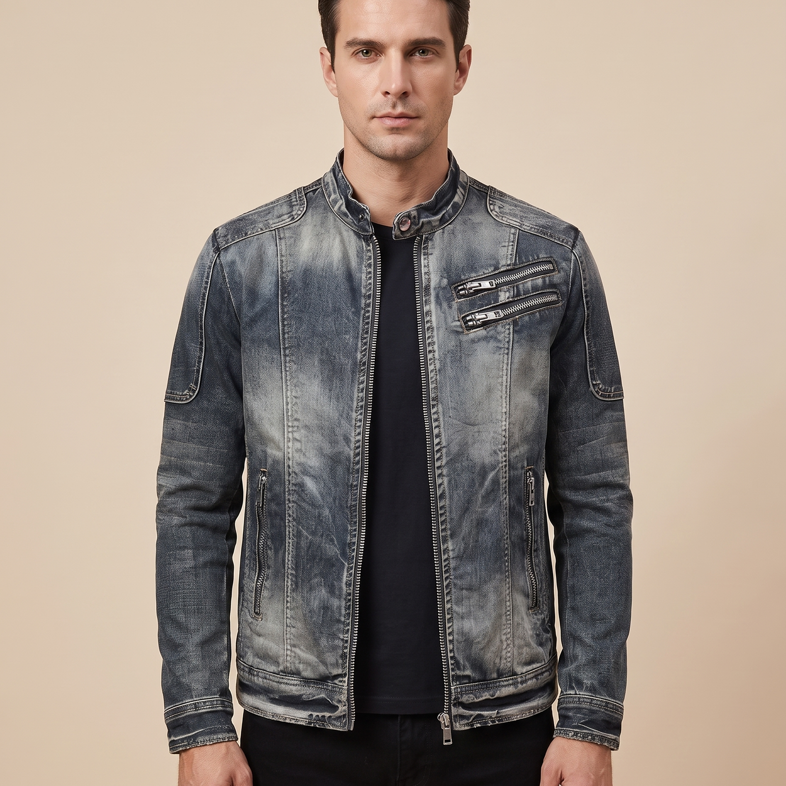 Herrenjacke Block 4 18 – männliches Model – beige Hintergrund