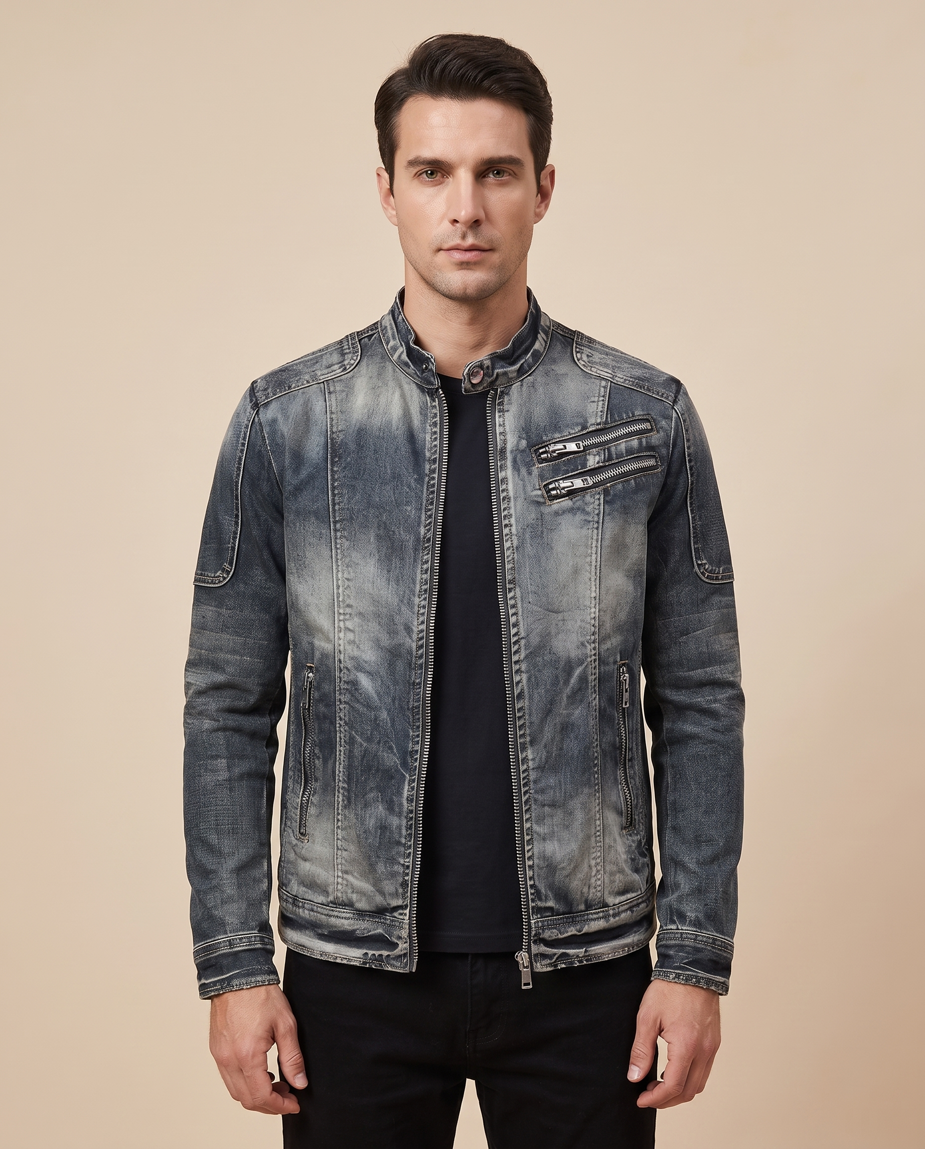 Herrenjacke Block 4 18 – männliches Model – beige Hintergrund