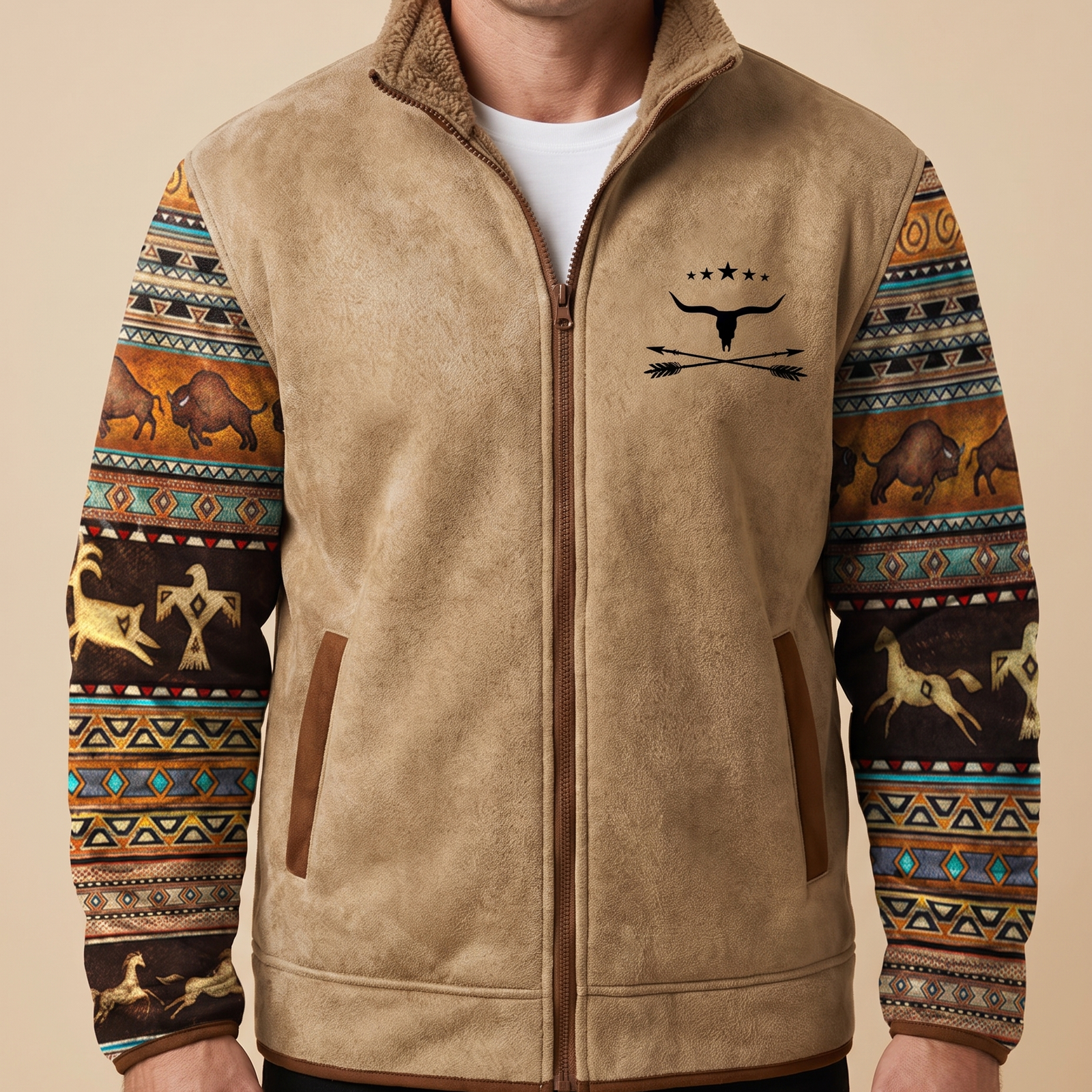 Herrenjacke Block 4 19 – männliches Model – beige Hintergrund