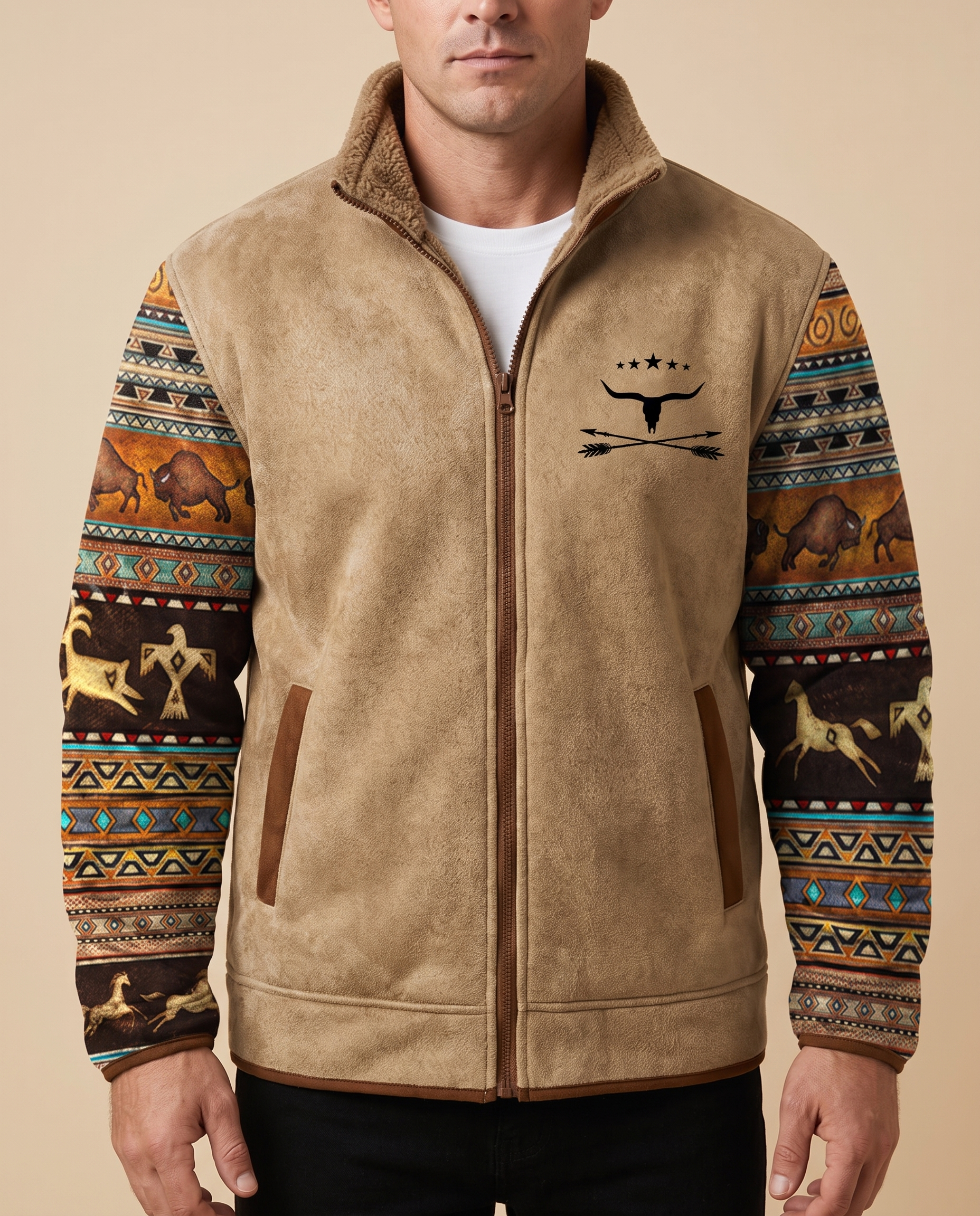 Herrenjacke Block 4 19 – männliches Model – beige Hintergrund