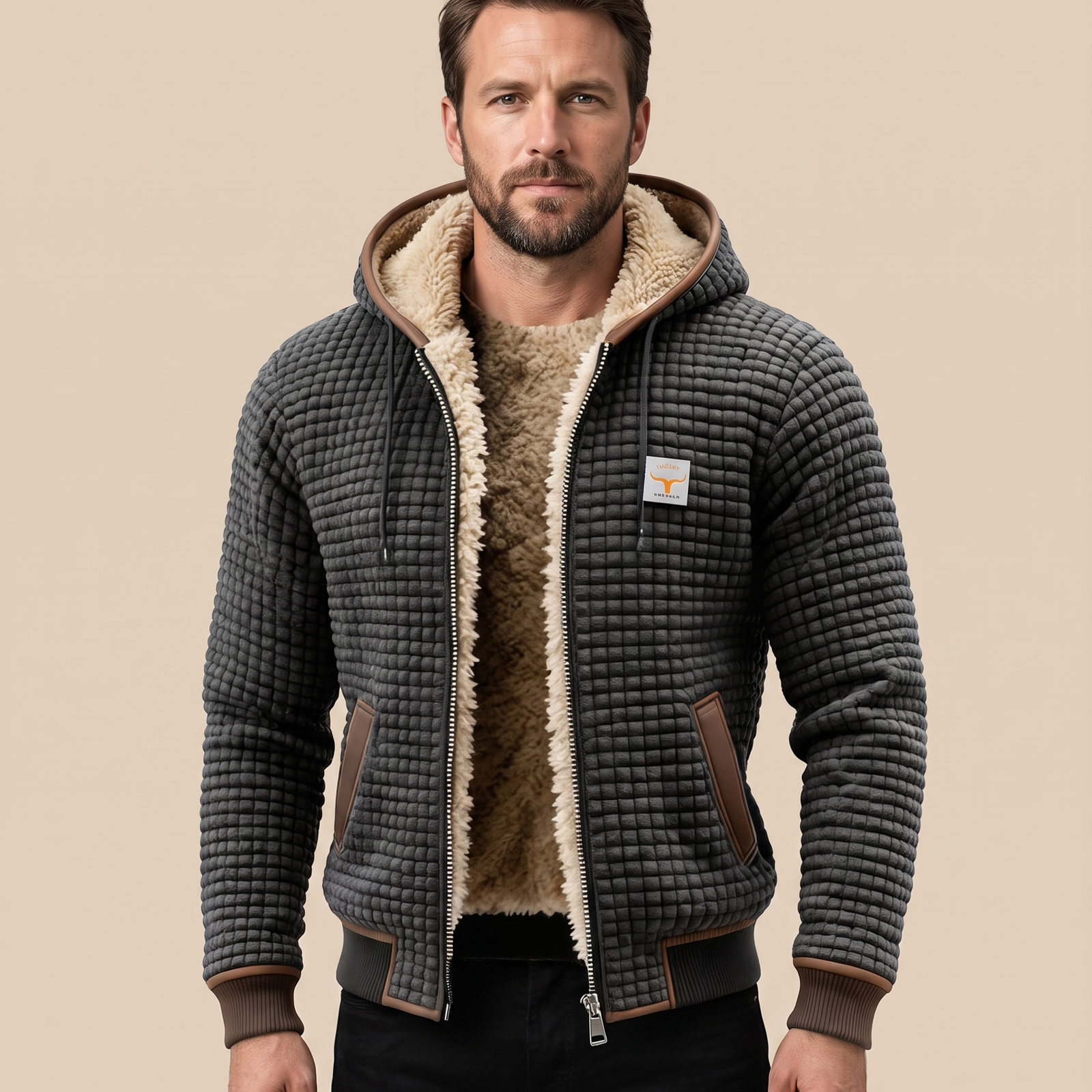 Herrenjacke Block 4 21 – männliches Model – beige Hintergrund