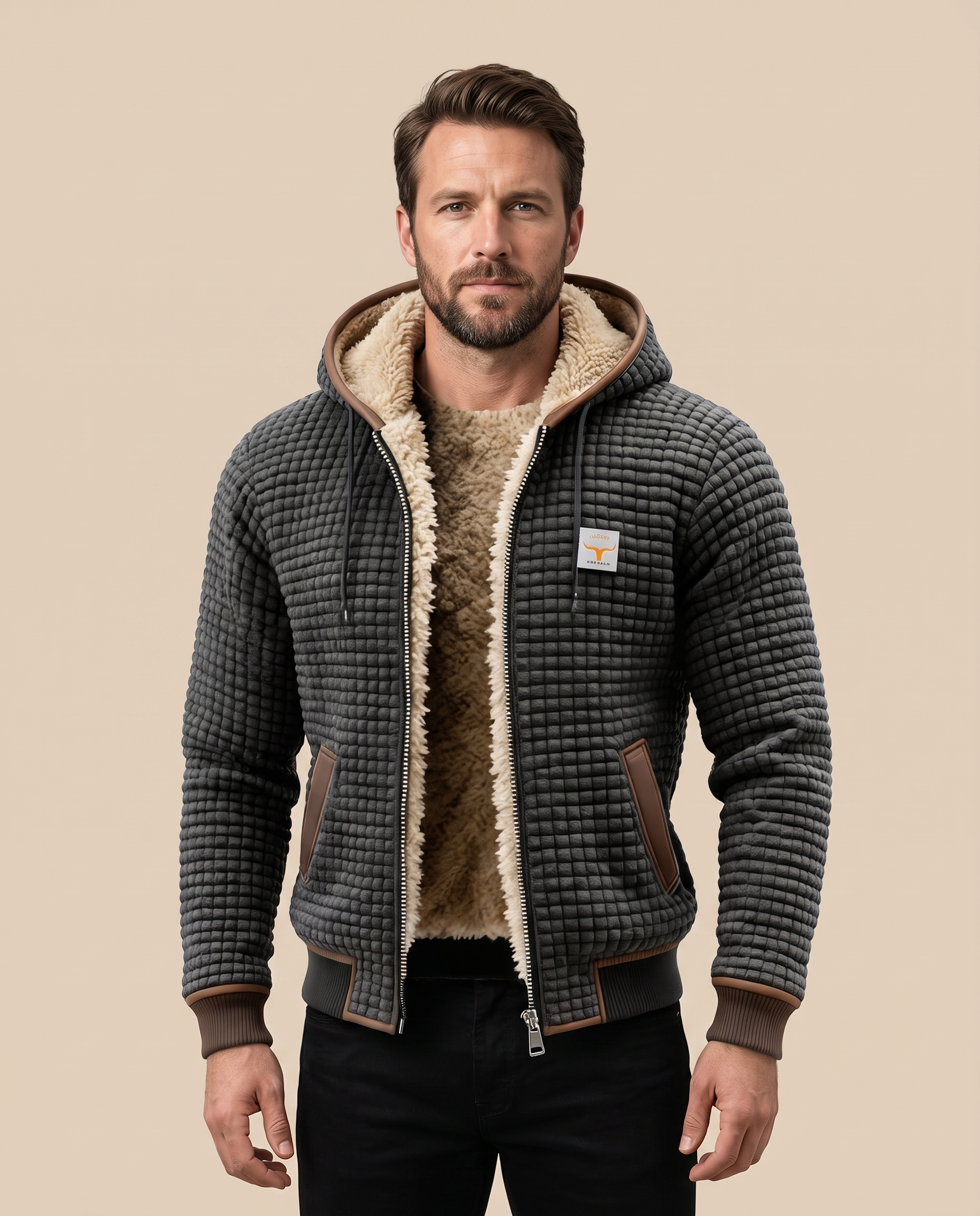 Herrenjacke Block 4 21 – männliches Model – beige Hintergrund