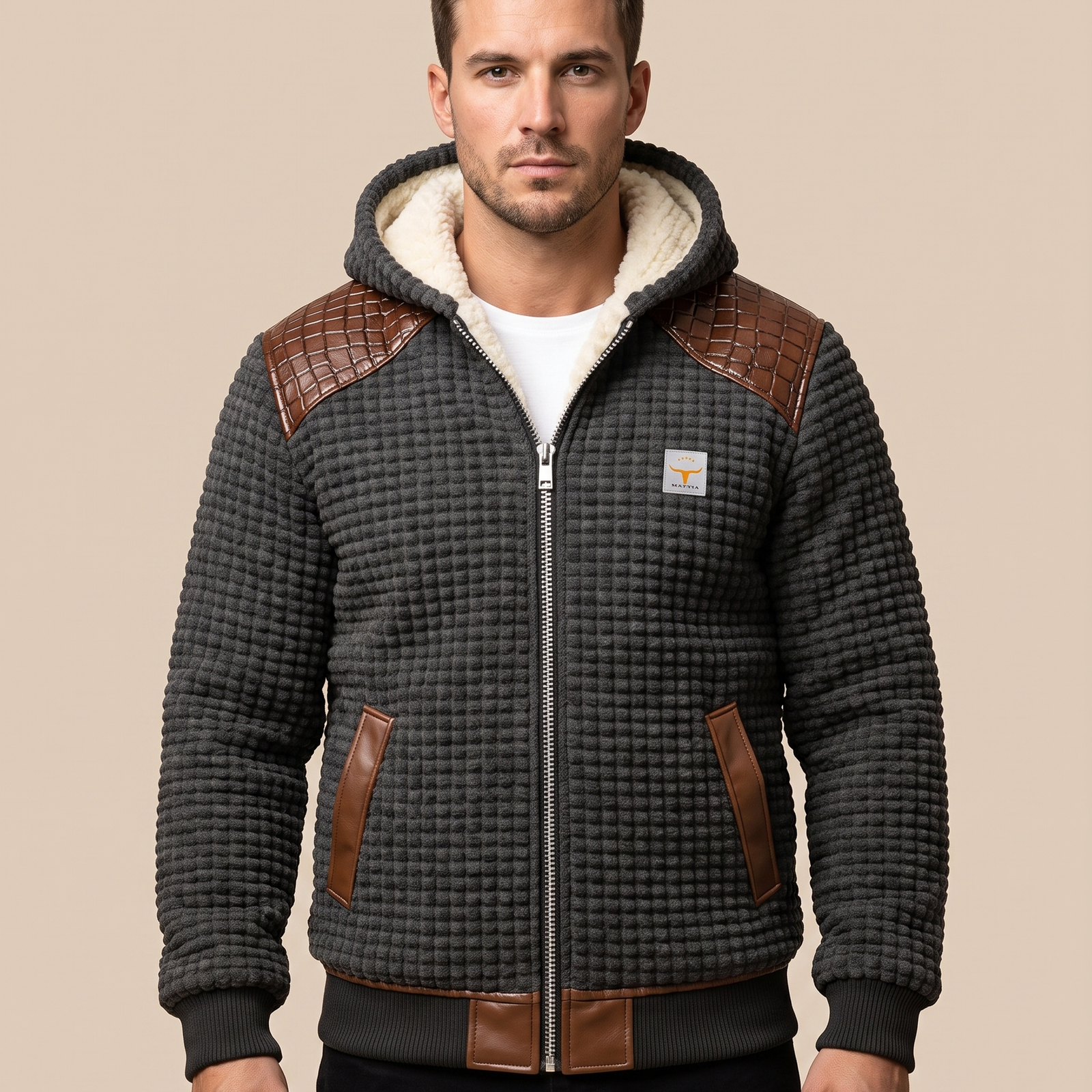 Herrenjacke Block 4 22 – männliches Model – beige Hintergrund