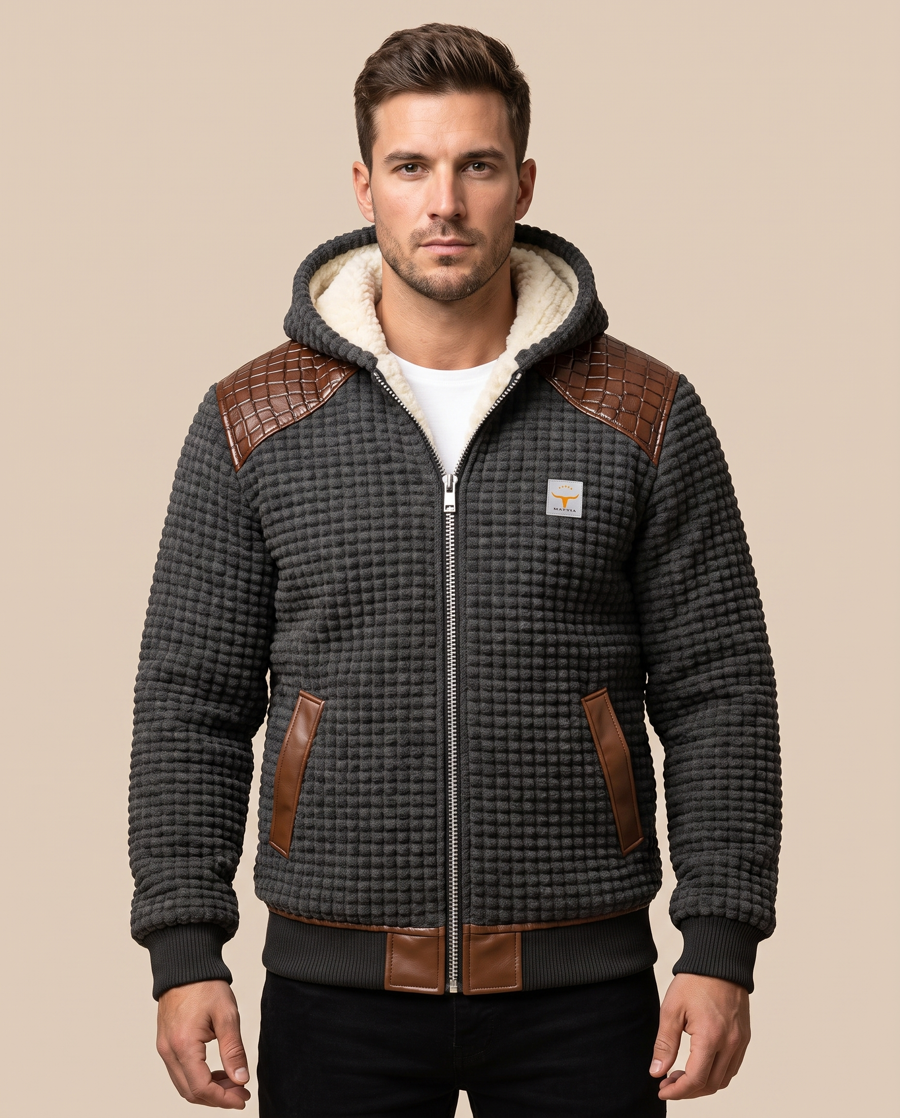 Herrenjacke Block 4 22 – männliches Model – beige Hintergrund