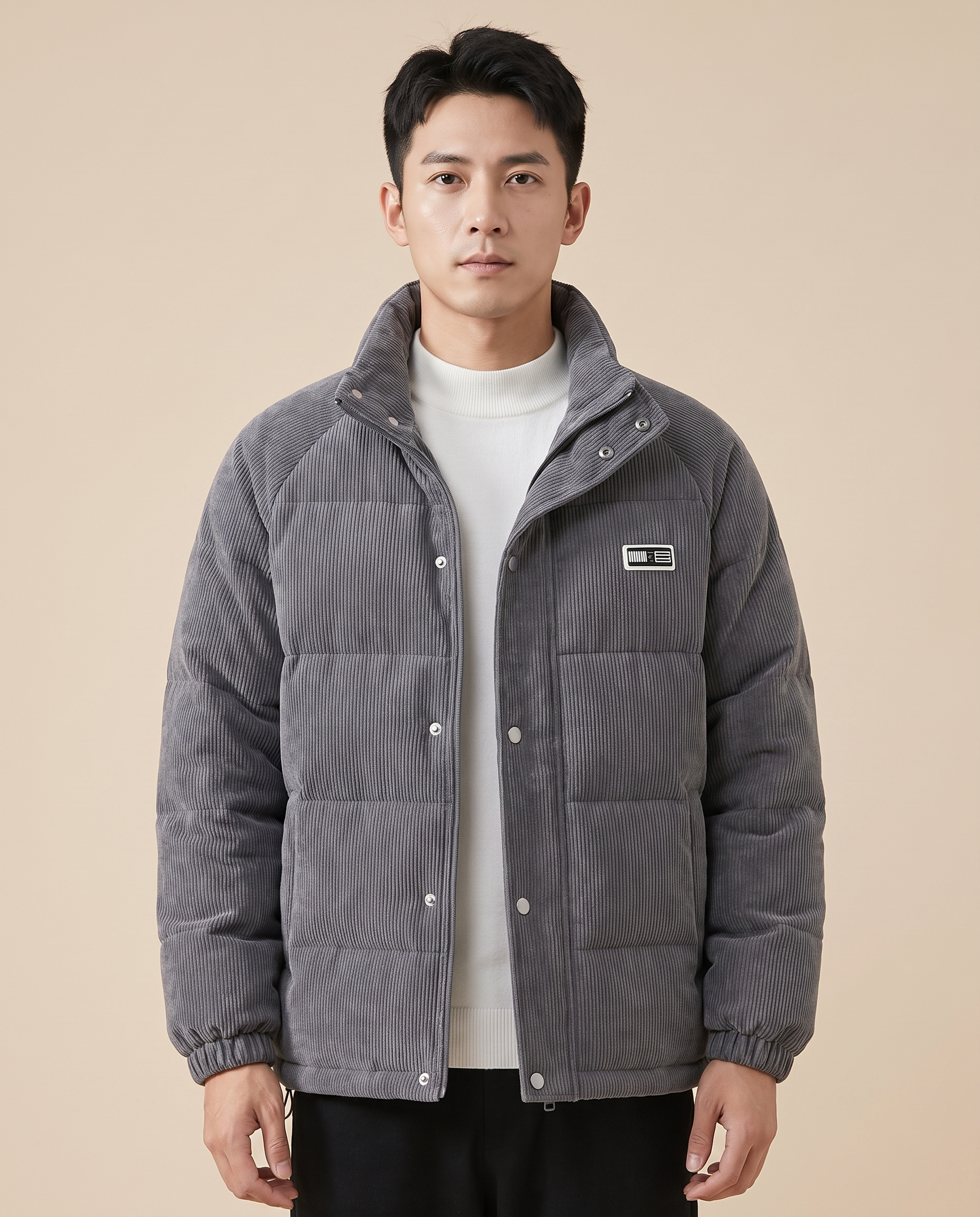Herrenjacke Block 4 25 – männliches Model – beige Hintergrund