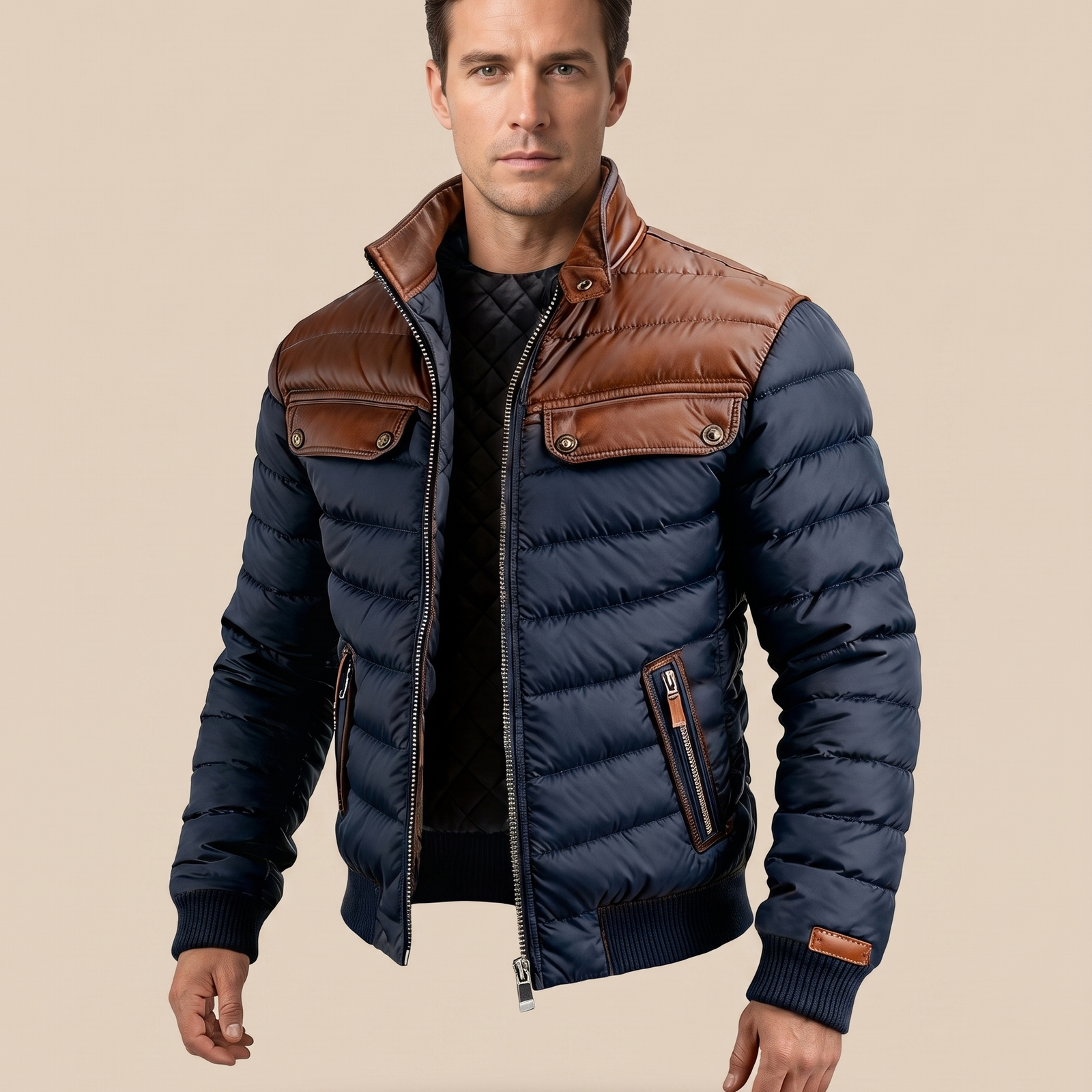 Herrenjacke Block 4 27 – männliches Model – beige Hintergrund