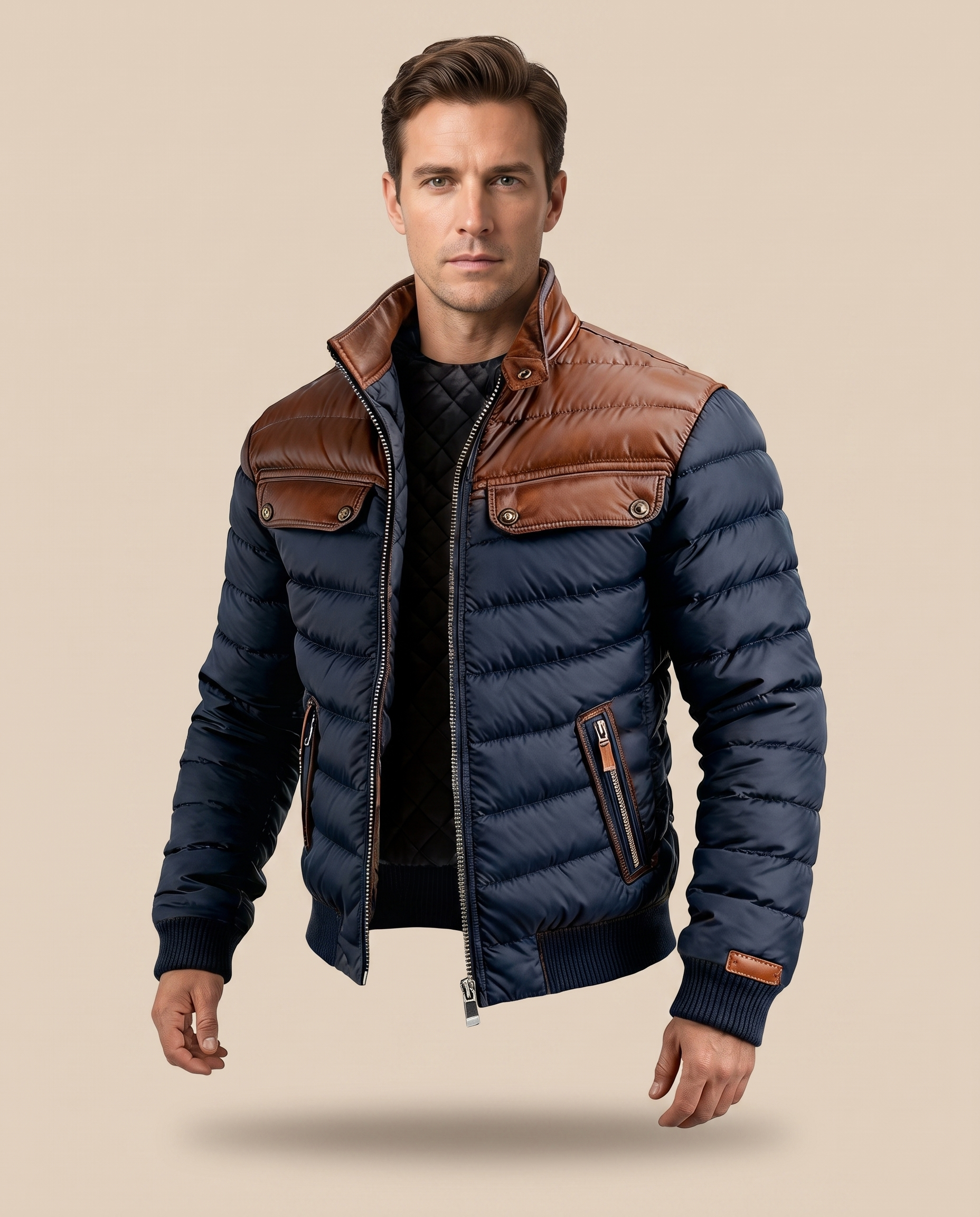 Herrenjacke Block 4 27 – männliches Model – beige Hintergrund
