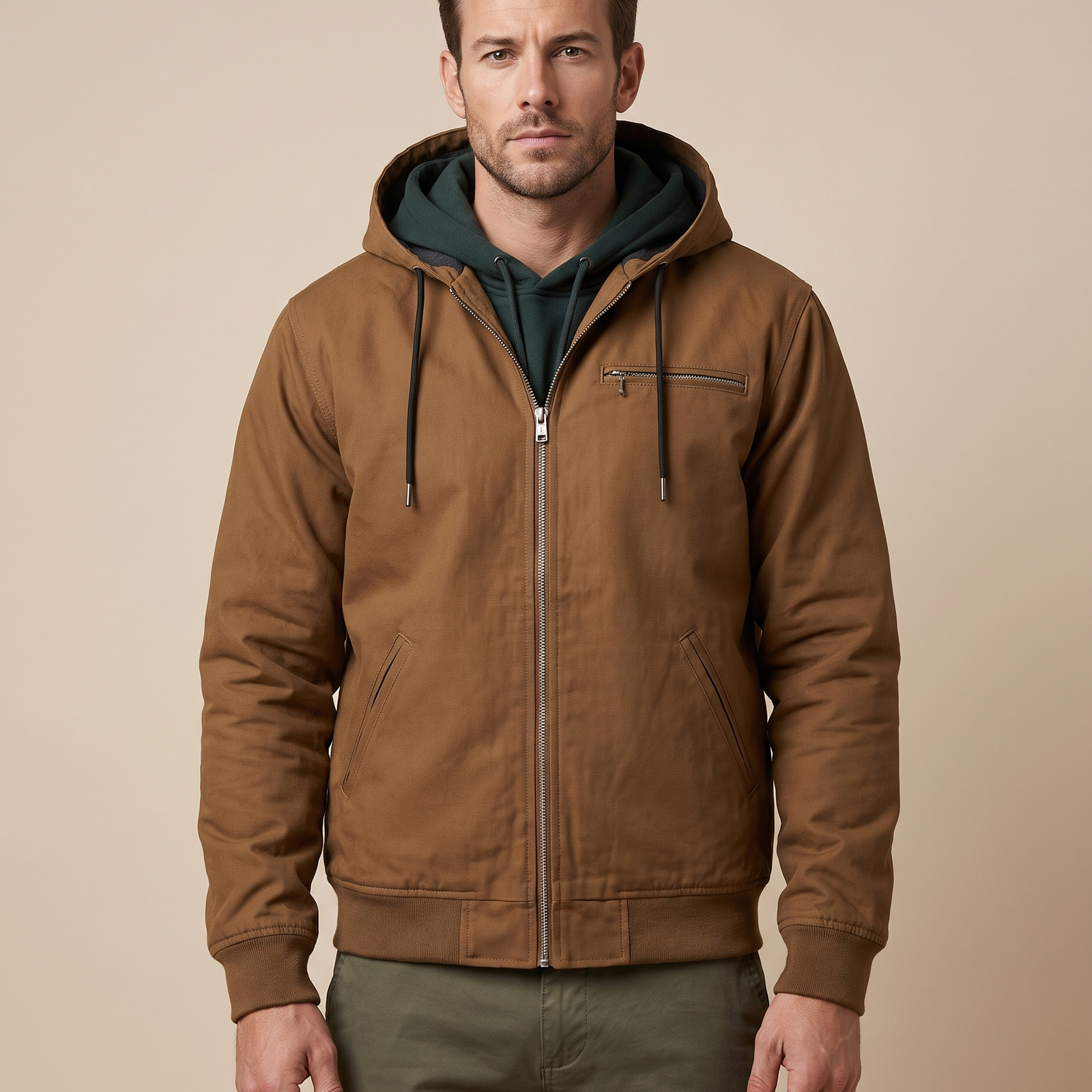 Herrenjacke Block 4 28 – männliches Model – beige Hintergrund
