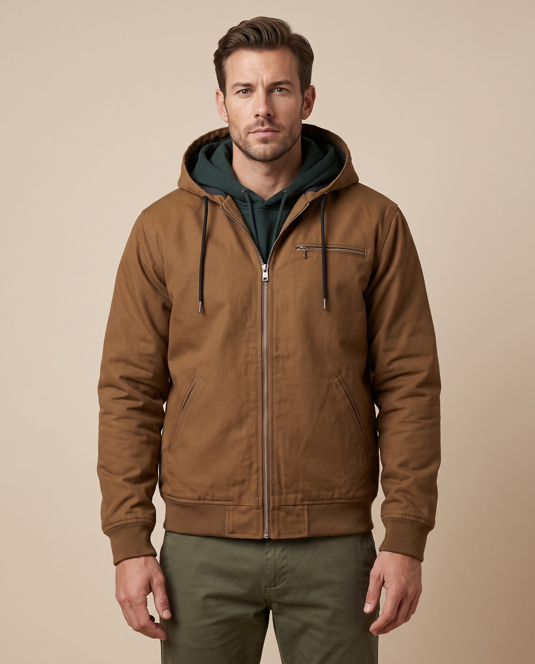 Herrenjacke Block 4 28 – männliches Model – beige Hintergrund