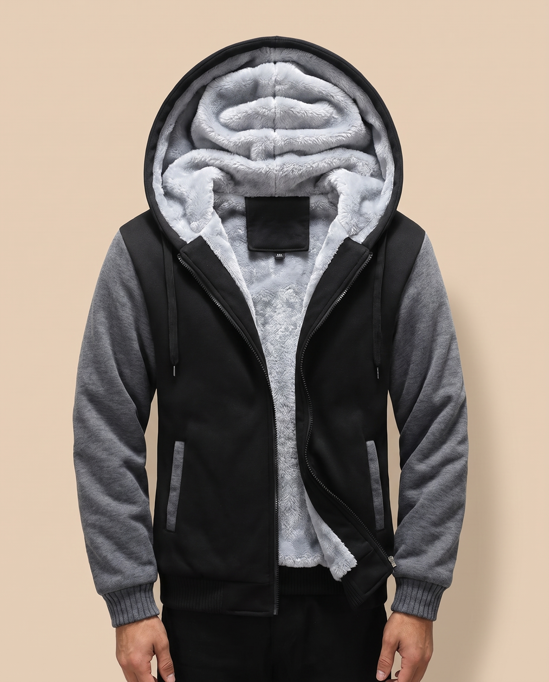 Herrenjacke Block 4 29 – männliches Model – beige Hintergrund