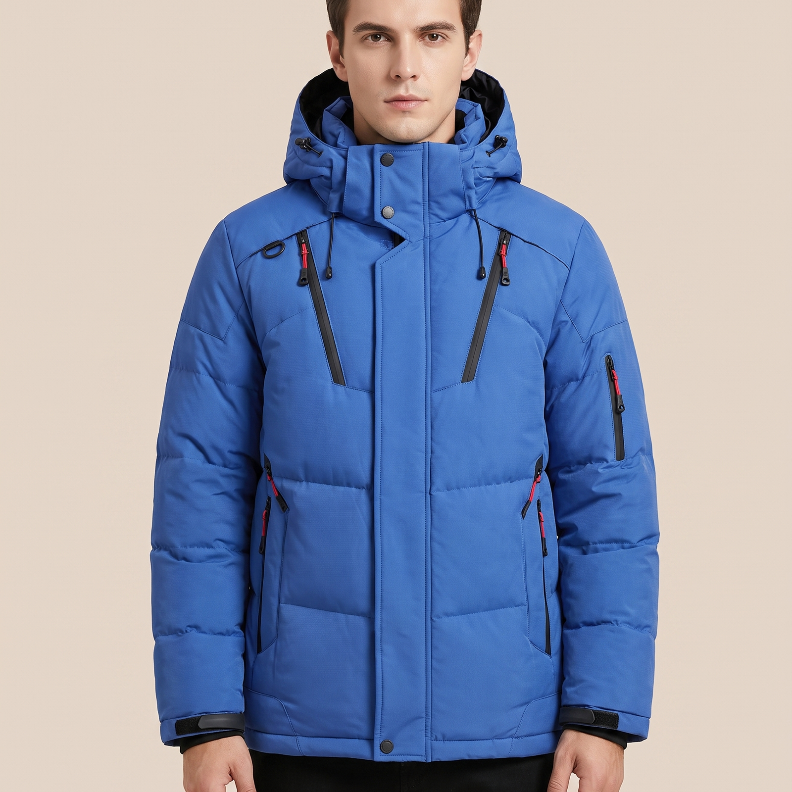 Herrenjacke Block 4 30 – männliches Model – beige Hintergrund