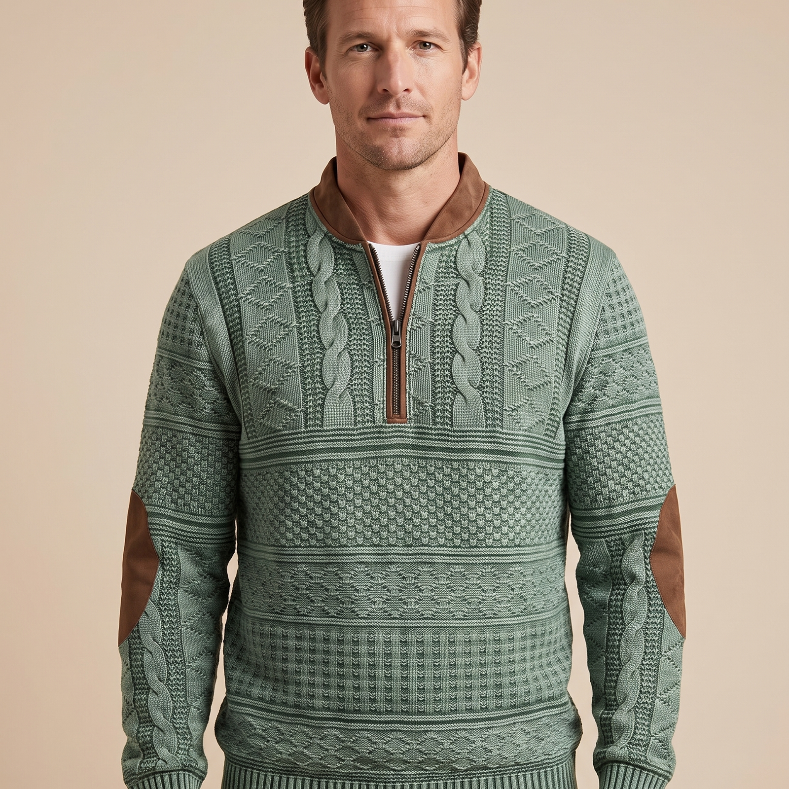 Herren-Strick Block 4 10 – männliches Model – beige Hintergrund