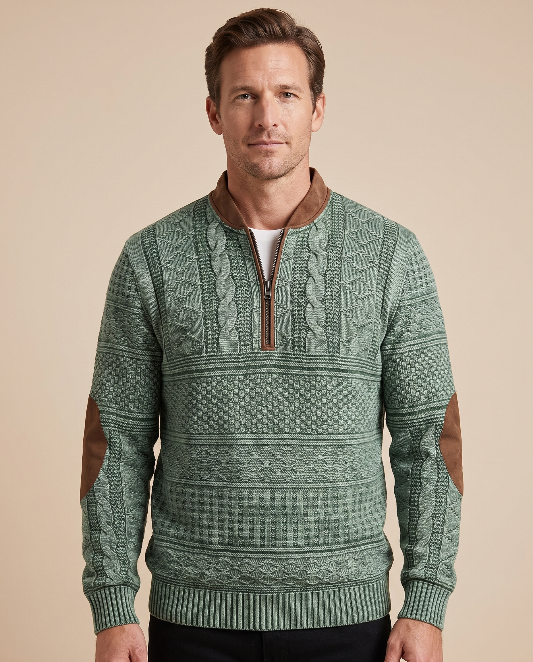 Herren-Strick Block 4 10 – männliches Model – beige Hintergrund