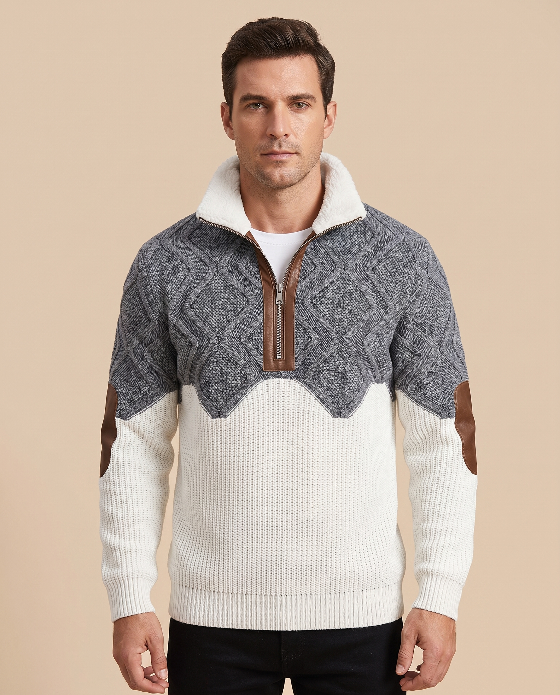 Herren-Strick Block 4 11 – männliches Model – beige Hintergrund