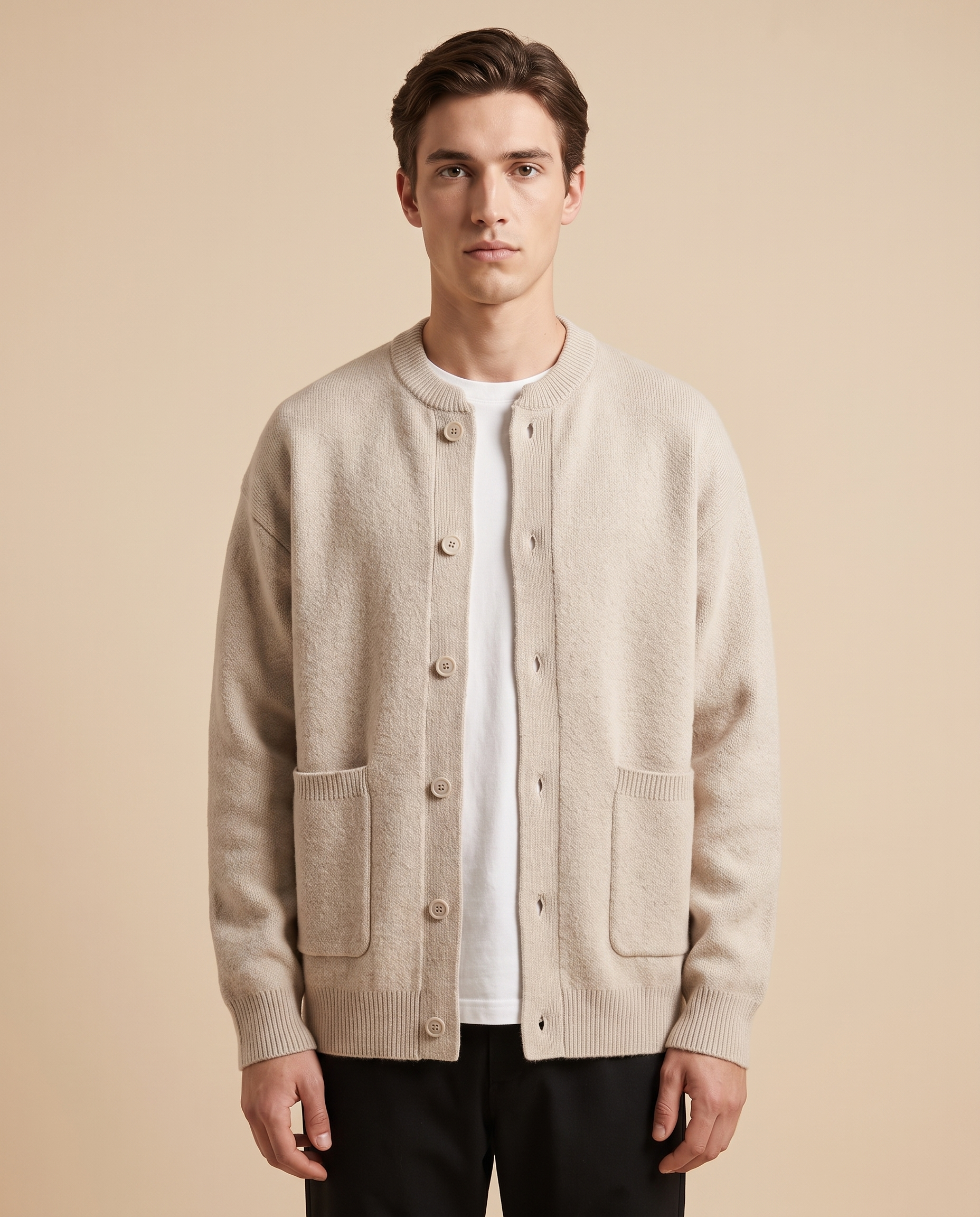 Herren-Strick Block 4 12 – männliches Model – beige Hintergrund