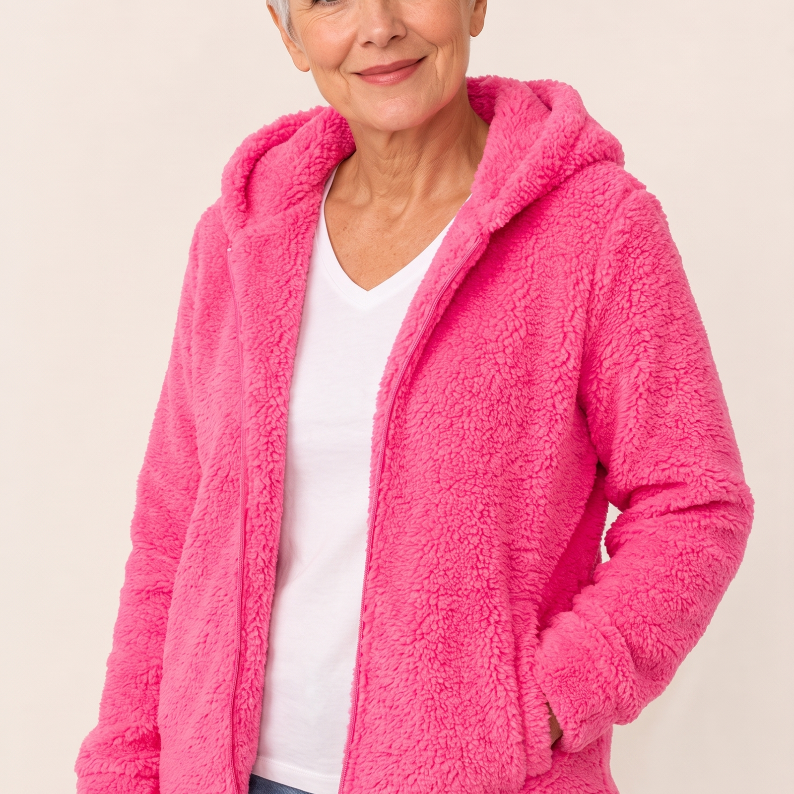 Hylenyahh | Bequeme Teddy-Jacke – Damenjacke auf warmem beigem Hintergrund, Oberkörperaufnahme