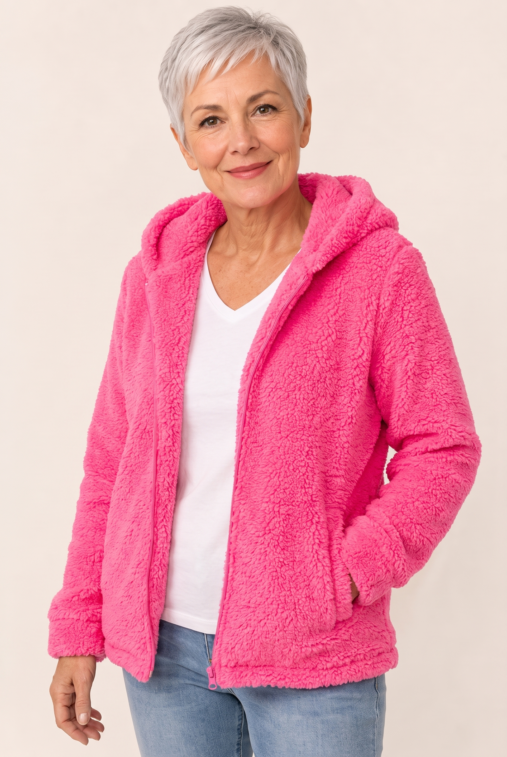 Hylenyahh | Bequeme Teddy-Jacke – Damenjacke auf warmem beigem Hintergrund, Oberkörperaufnahme