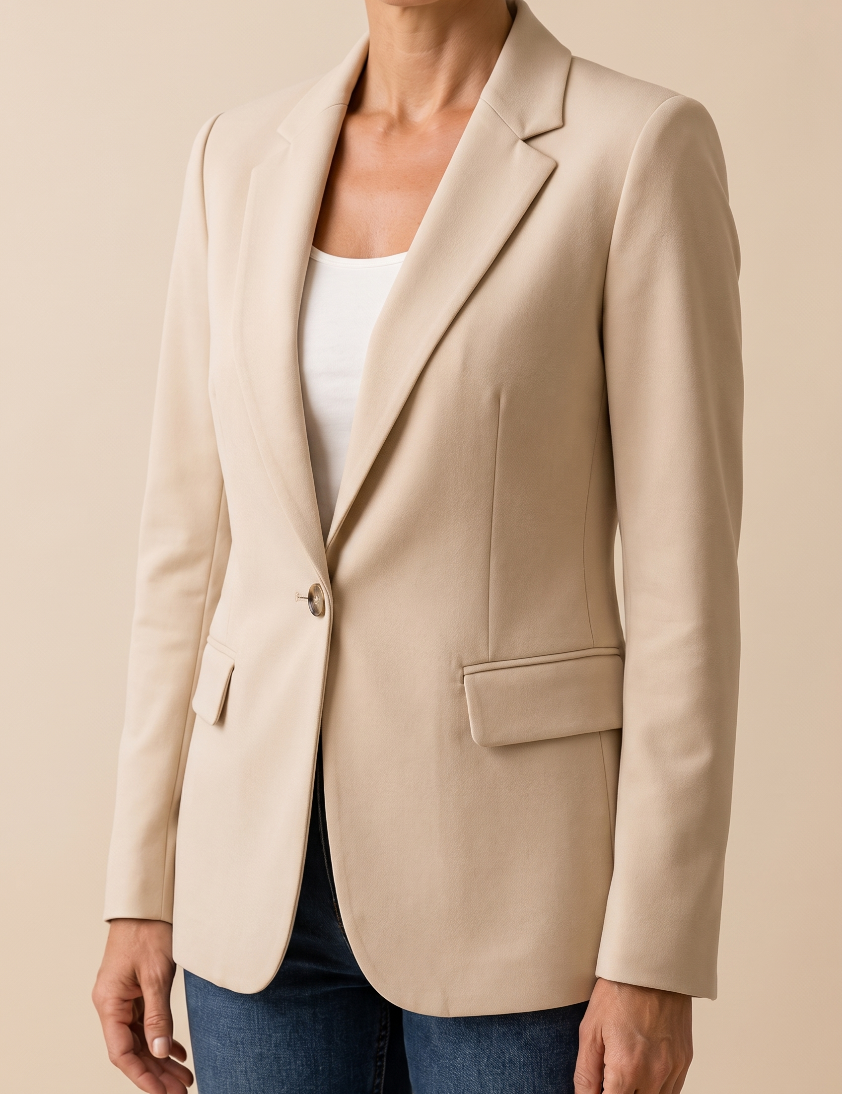 Alexandra-Maria | Langärmliger Blazer – Damenjacke auf warmem beigem Hintergrund, Oberkörperaufnahme