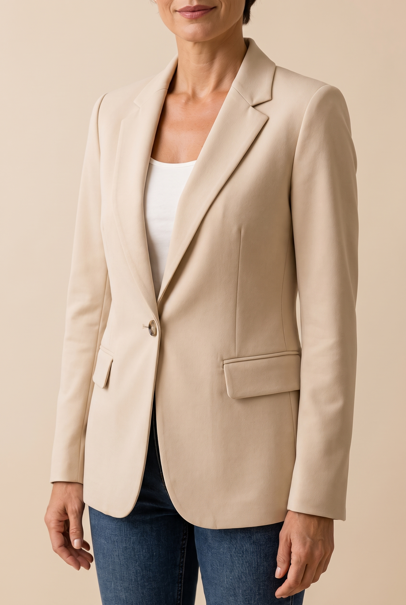 Alexandra-Maria | Langärmliger Blazer – Damenjacke auf warmem beigem Hintergrund, Oberkörperaufnahme