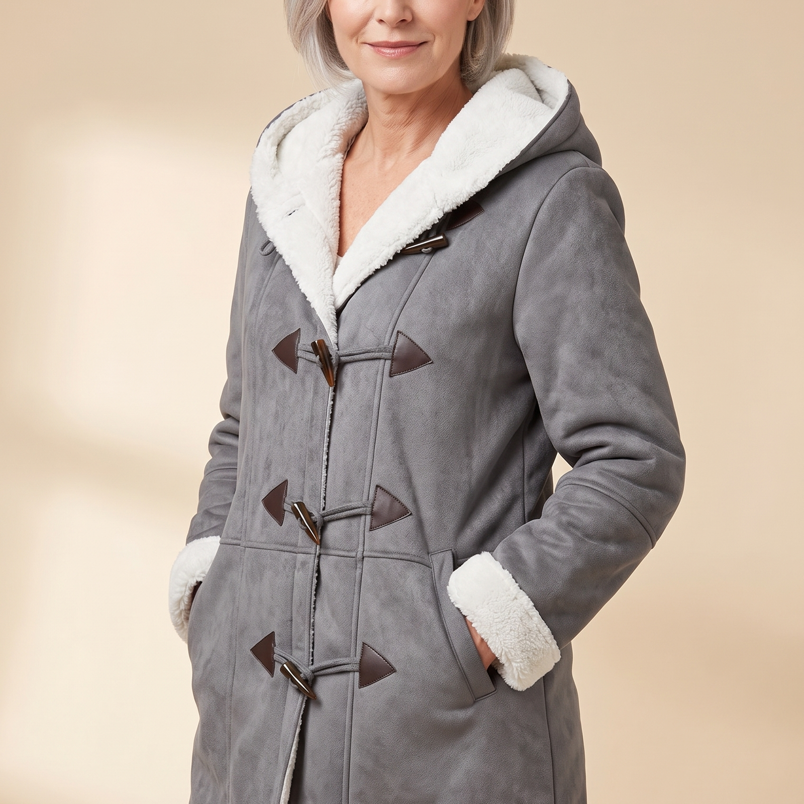 Olivia | Gefütterte Winterjacke – Damenjacke auf warmem beigem Hintergrund, Oberkörperaufnahme