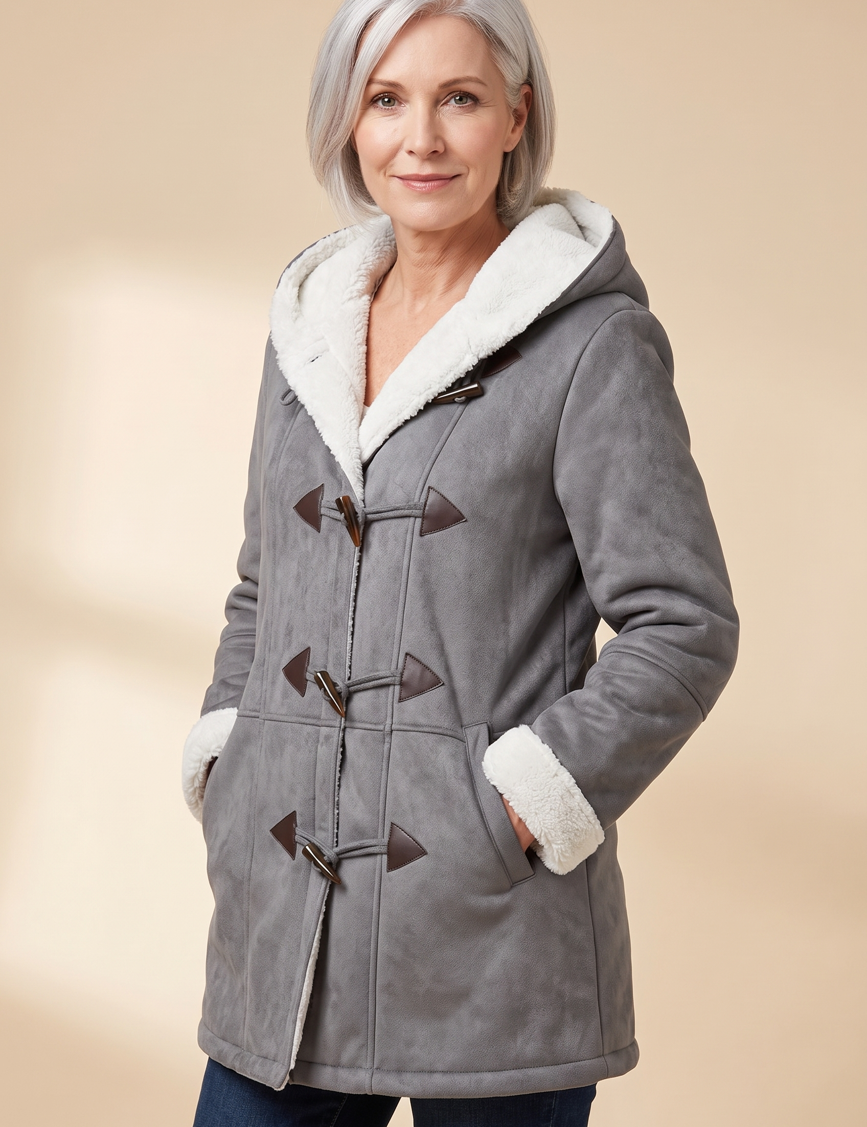 Olivia | Gefütterte Winterjacke – Damenjacke auf warmem beigem Hintergrund, Oberkörperaufnahme