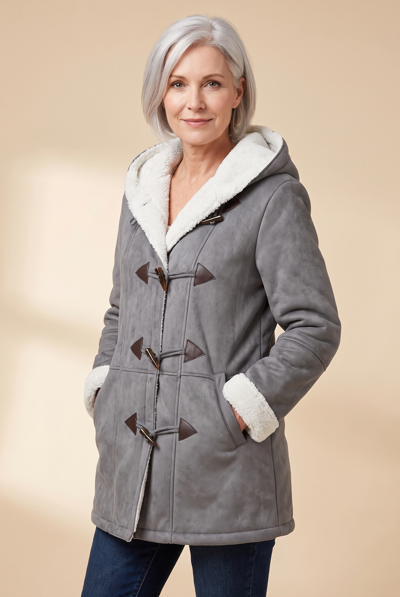 Olivia | Gefütterte Winterjacke – Damenjacke auf warmem beigem Hintergrund, Oberkörperaufnahme