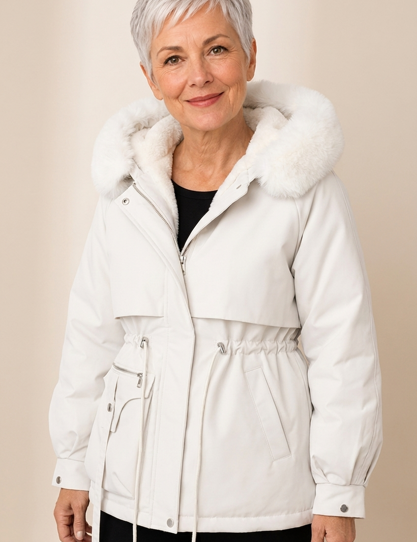 Victoria | Elegante Jacke – Damenjacke auf warmem beigem Hintergrund, Oberkörperaufnahme