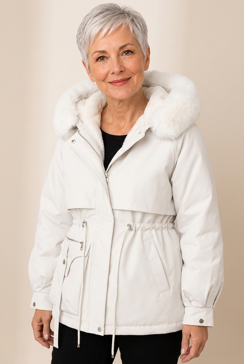 Victoria | Elegante Jacke – Damenjacke auf warmem beigem Hintergrund, Oberkörperaufnahme