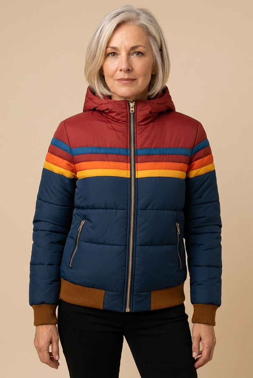 Elena-Gabriela | Damen-Herbstjacke mit Retro-Streifen – Damenjacke auf warmem beigem Hintergrund, Oberkörperaufnahme