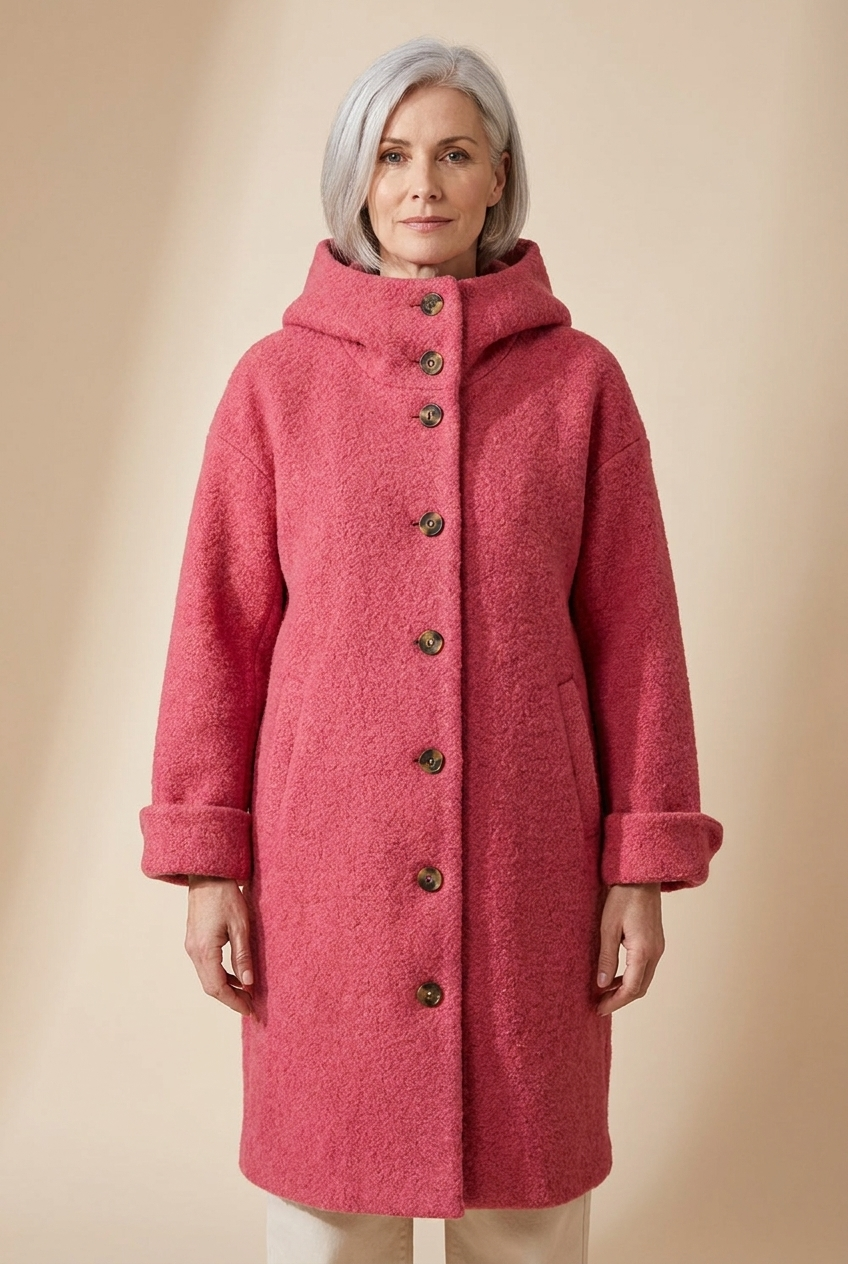 Sonia | Elegante Winterjacke – Damenjacke auf warmem beigem Hintergrund, Oberkörperaufnahme