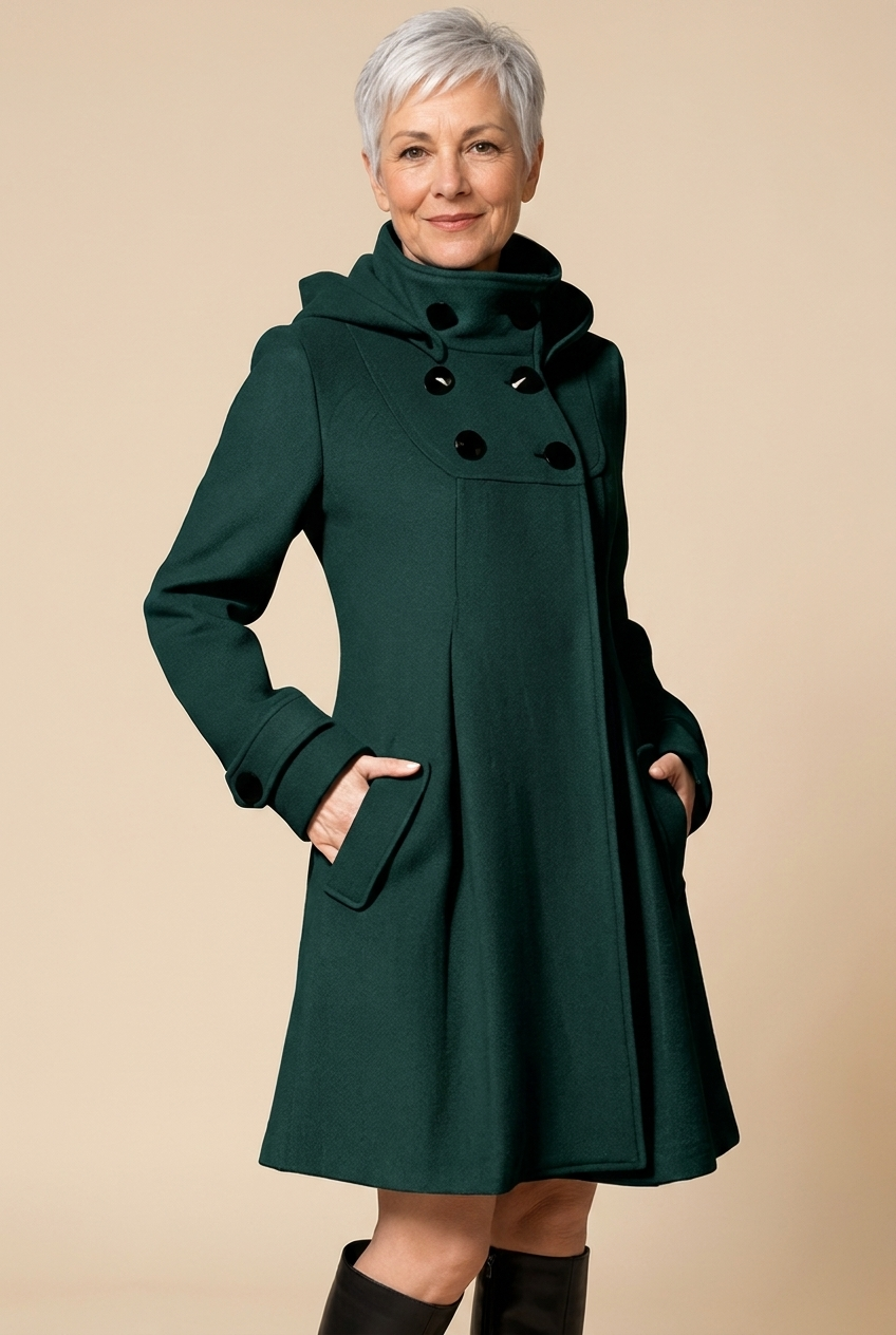 Irina | Elegante Jacke mit Taschen und Kapuze – Damenjacke auf warmem beigem Hintergrund, Oberkörperaufnahme