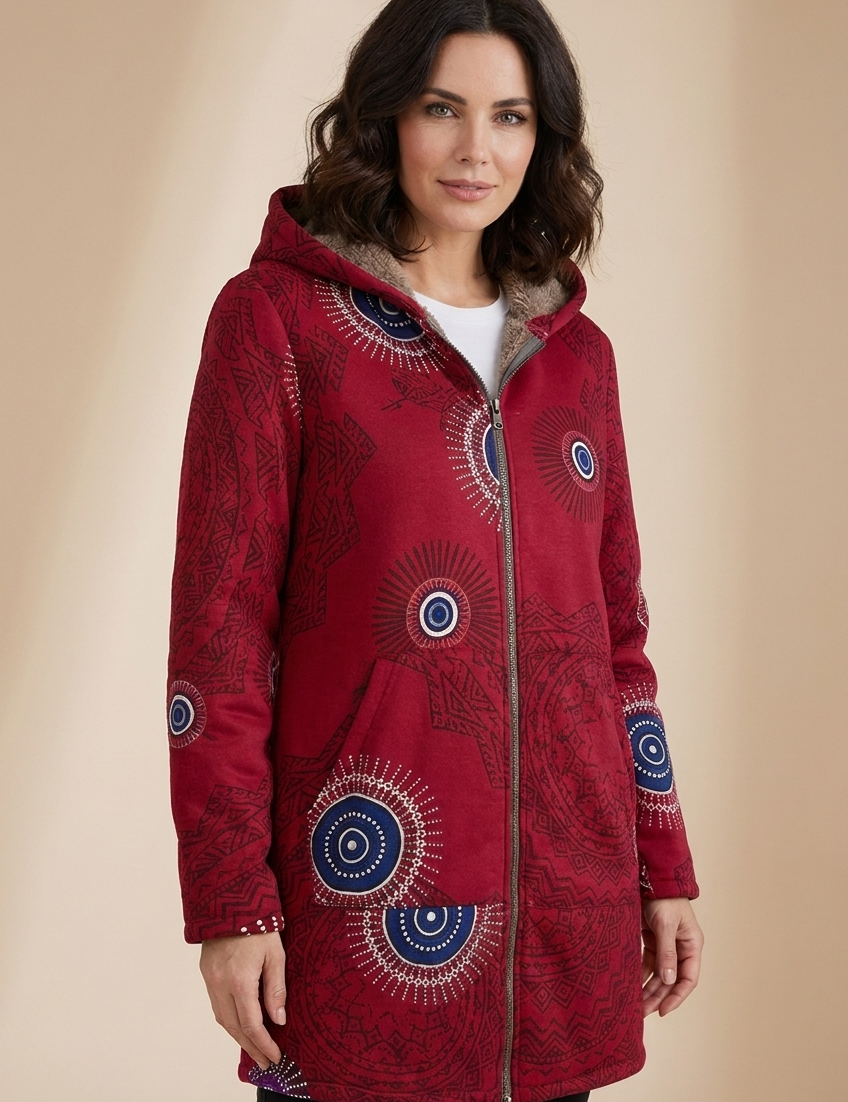 Sorina | Boho-Winterjacke – Damenjacke auf warmem beigem Hintergrund, Oberkörperaufnahme